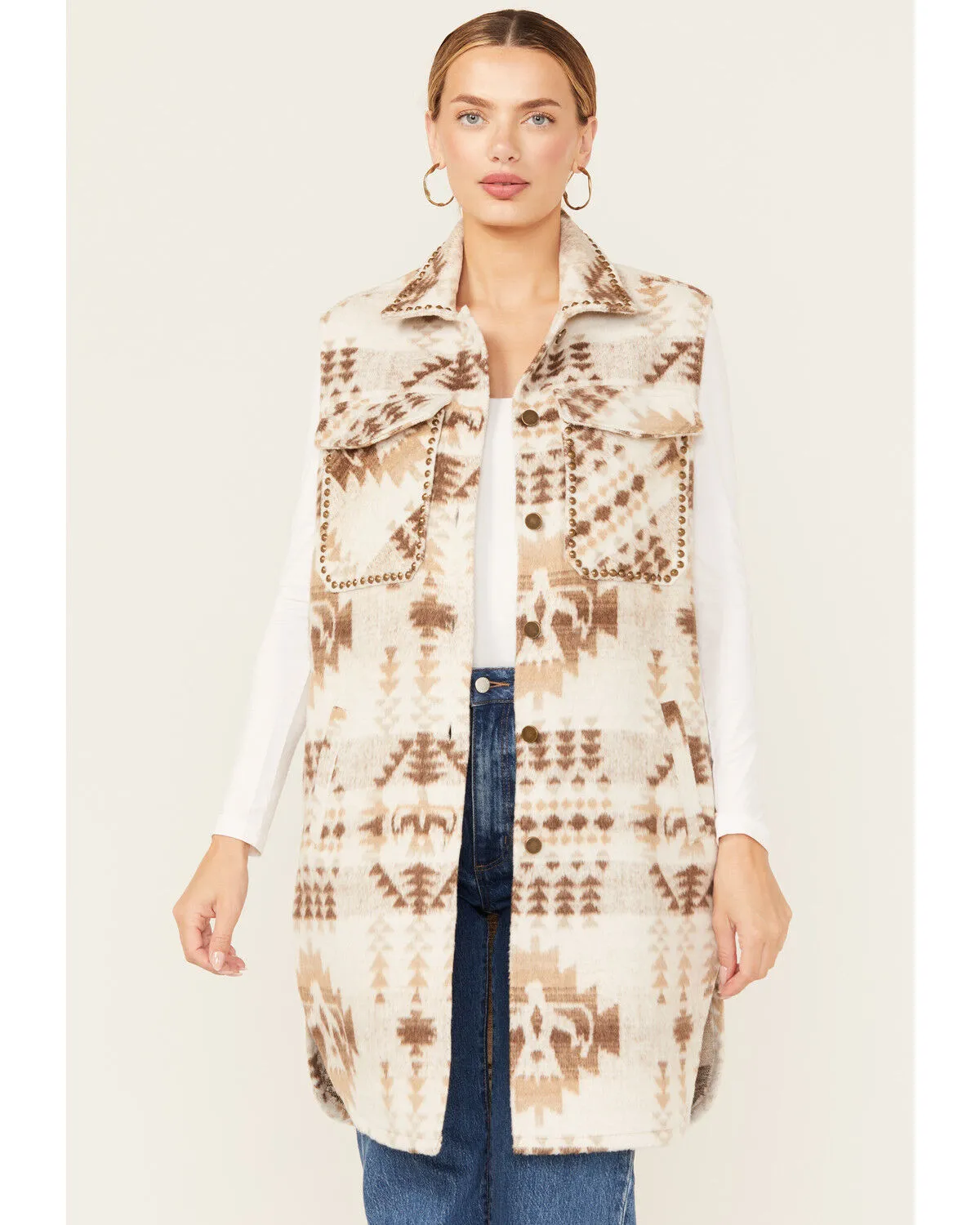 26 International Women's Southwestern Print Studded Long Vest