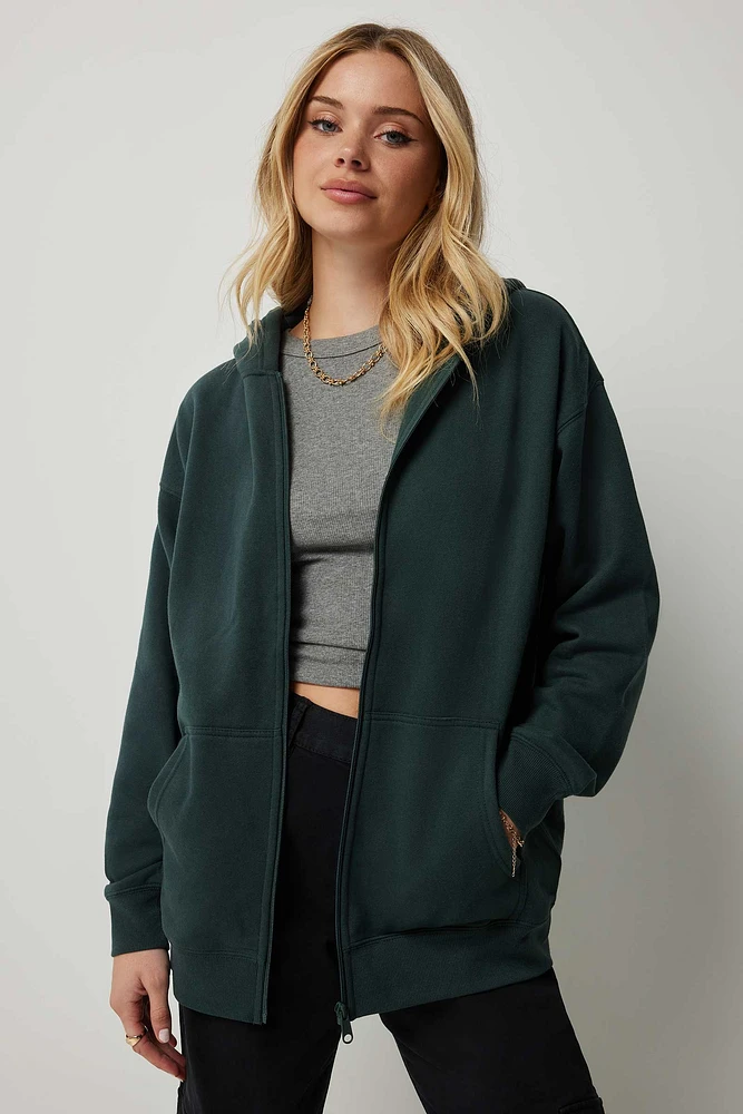 Ardene Ardene Solid Zip-Up Hoodie in Dark Green | Size | Polyester/Cotton | Fleece-Lined | Eco-Conscious