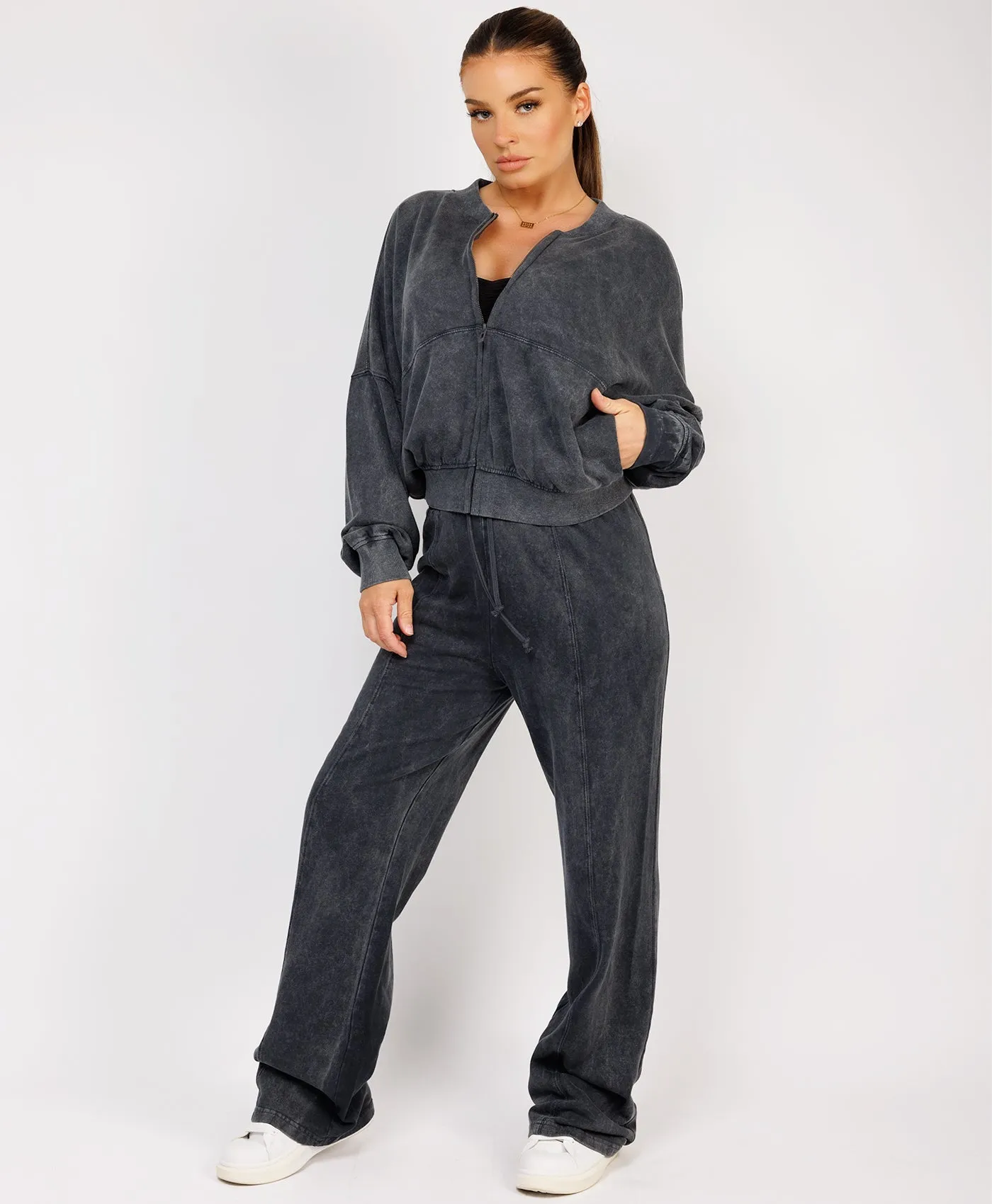 Black Stonewashed Zipped Bomber Jacket & Joggers Loungewear Set