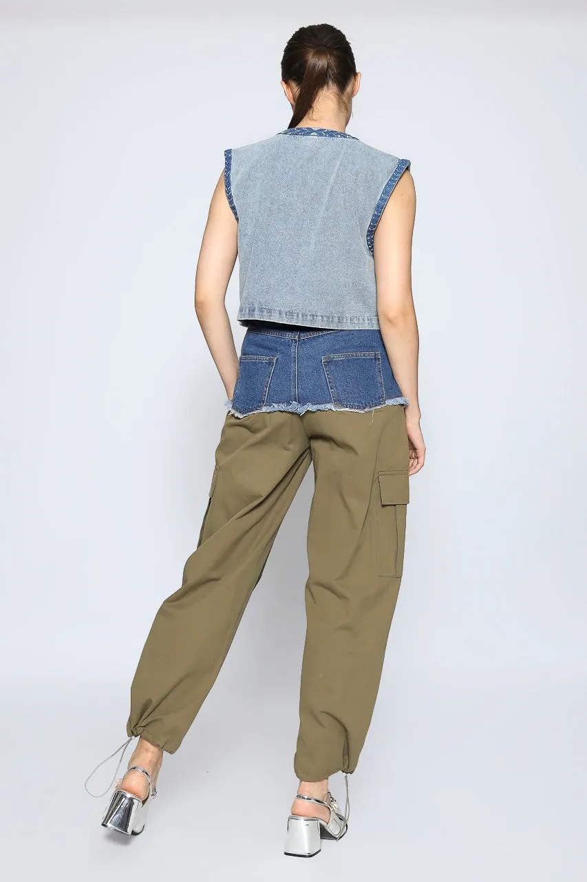 Bloom et Cotton Denim Combo Cargo in Olive/Denim Embroidered Vest