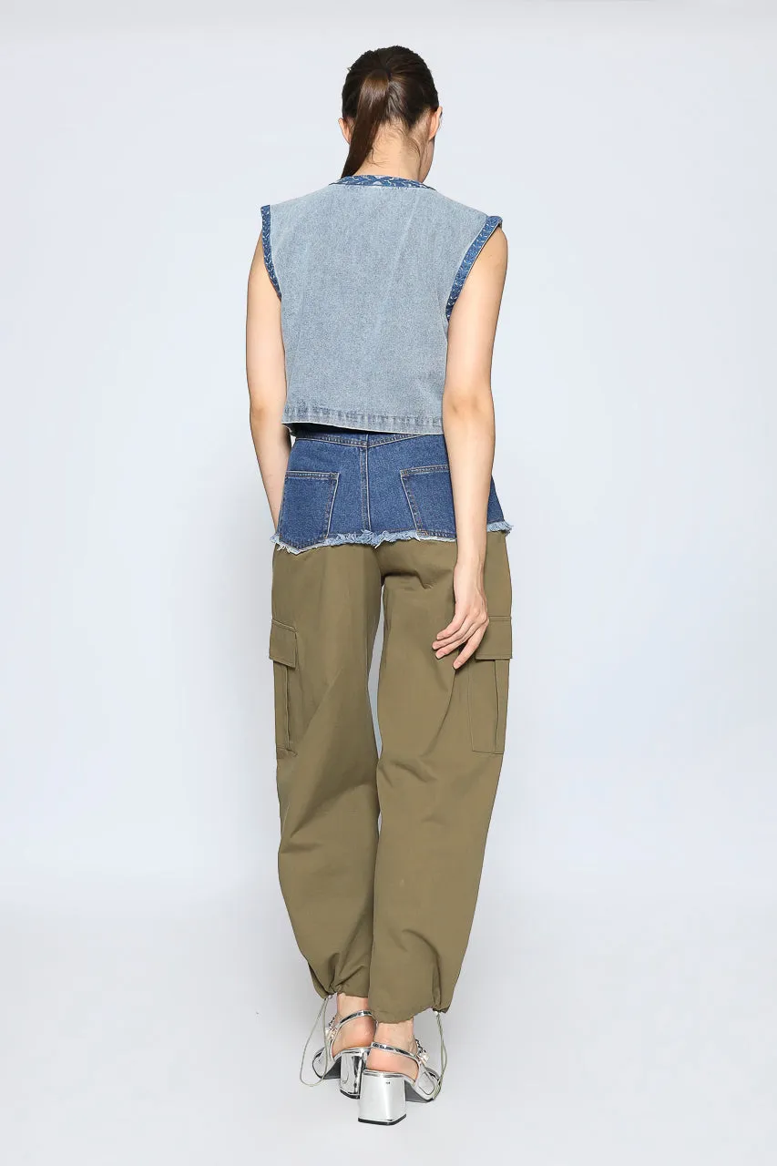 Bloom et Cotton Denim Combo Cargo in Olive/Denim Embroidered Vest