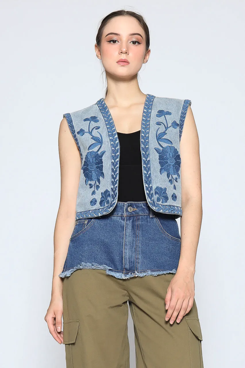 Bloom et Cotton Denim Combo Cargo in Olive/Denim Embroidered Vest