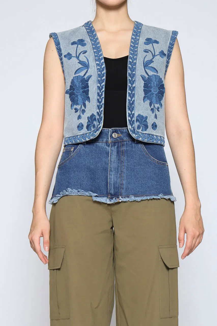 Bloom et Cotton Denim Combo Cargo in Olive/Denim Embroidered Vest