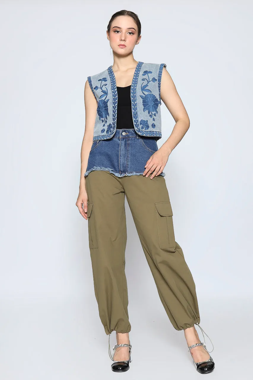 Bloom et Cotton Denim Combo Cargo in Olive/Denim Embroidered Vest