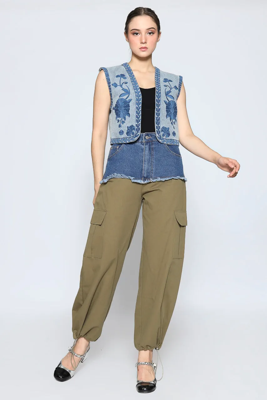 Bloom et Cotton Denim Combo Cargo in Olive/Denim Embroidered Vest