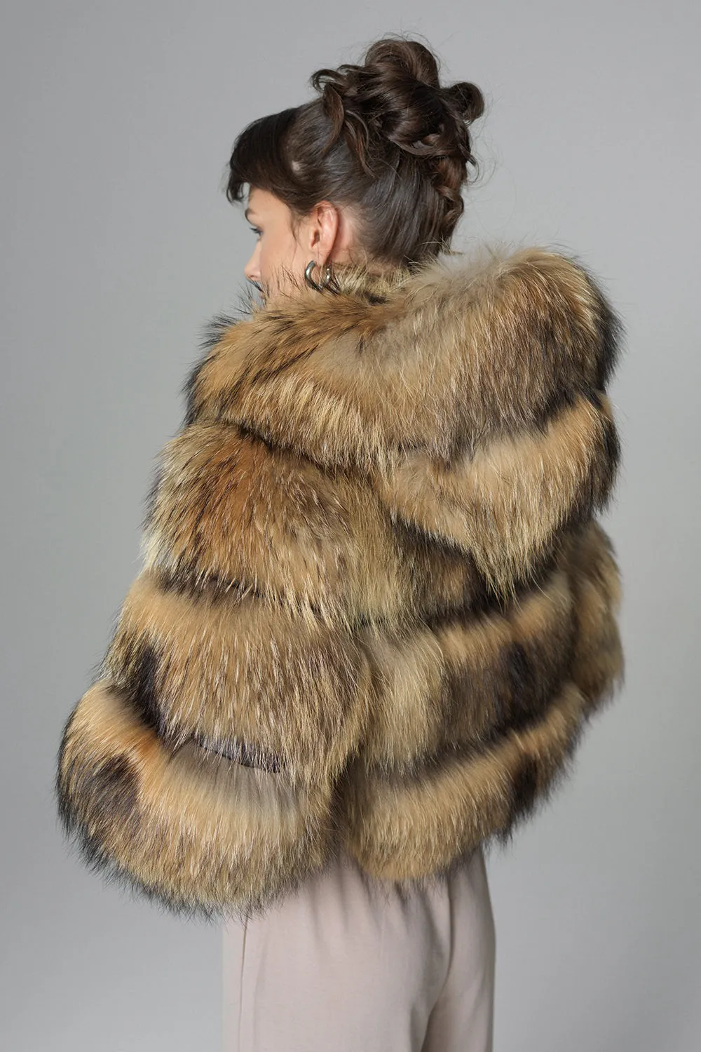 Brown Hooded Arctic Fox Raccoon Fur Jacket