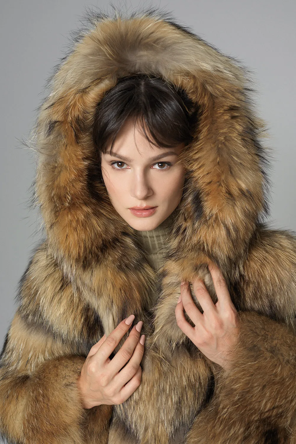 Brown Hooded Arctic Fox Raccoon Fur Jacket