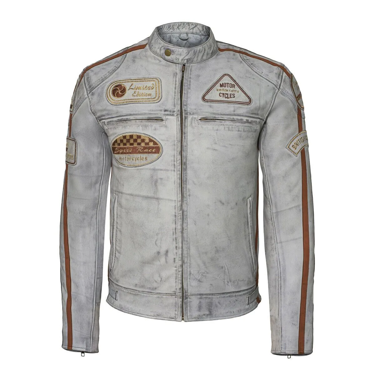 Classic Mens British Grey Motorcycle Leather Jacket With Badges