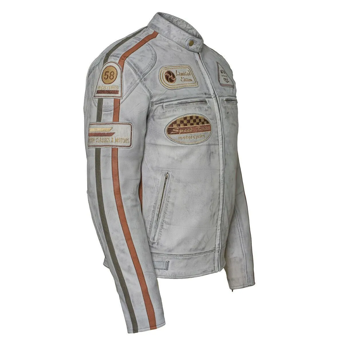 Classic Mens British Grey Motorcycle Leather Jacket With Badges