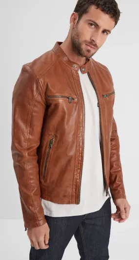 Cognac men's leather jacket in motorcycle style gafino