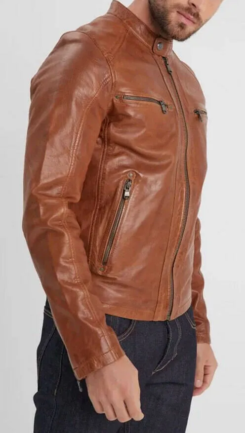 Cognac men's leather jacket in motorcycle style gafino