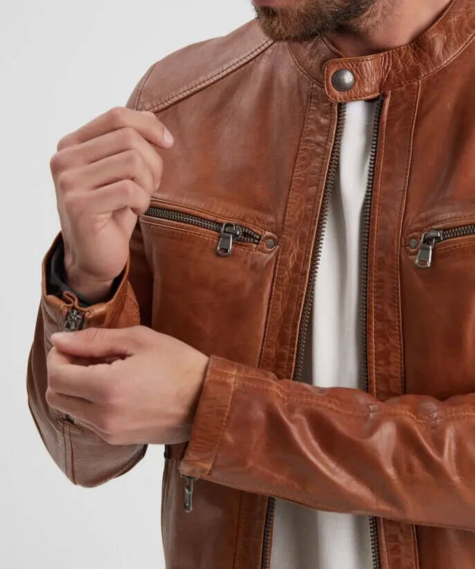 Cognac men's leather jacket in motorcycle style gafino