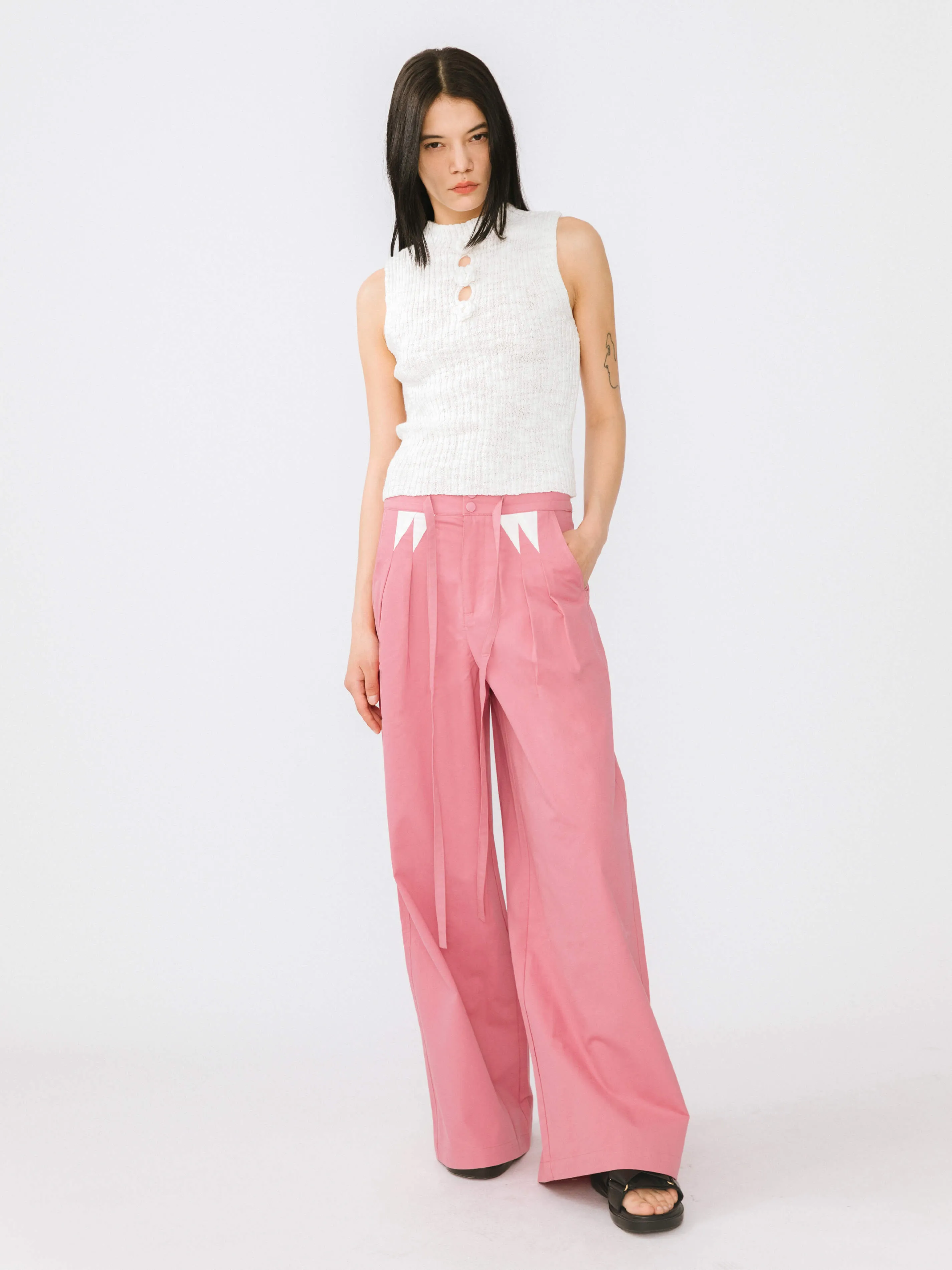 Drawstring Pleated Pure Cotton Wide Leg Trousers