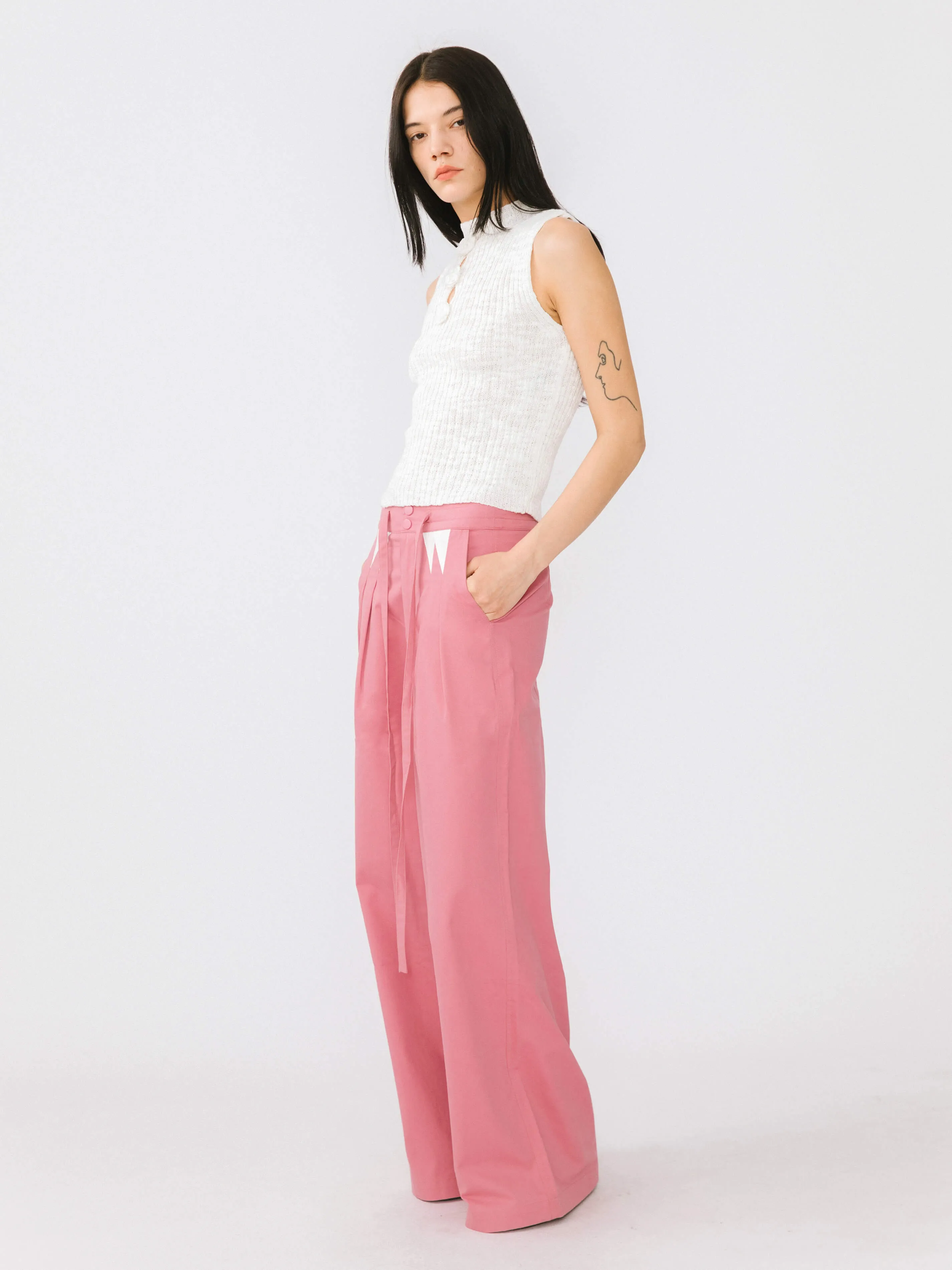 Drawstring Pleated Pure Cotton Wide Leg Trousers