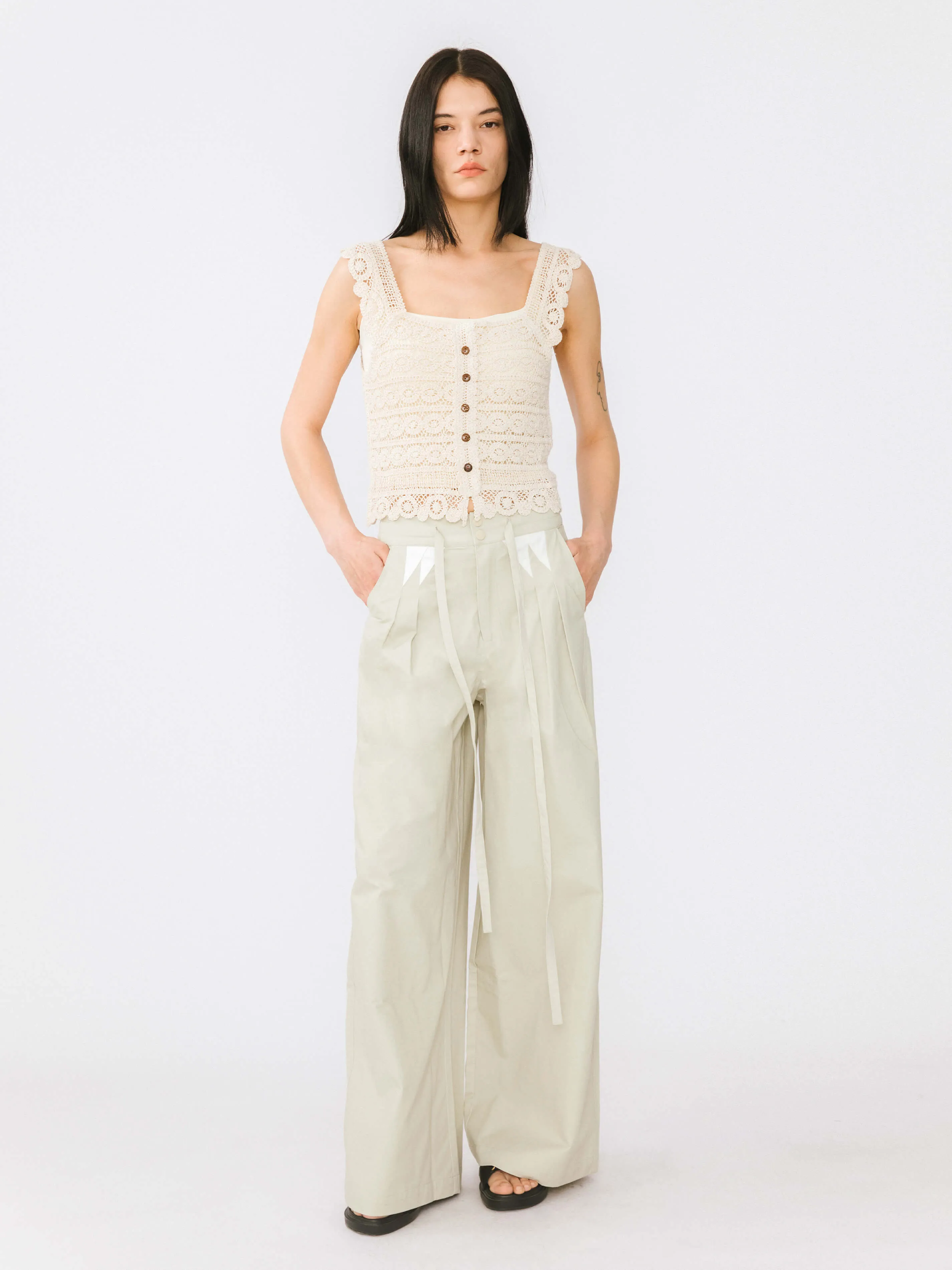 Drawstring Pleated Pure Cotton Wide Leg Trousers