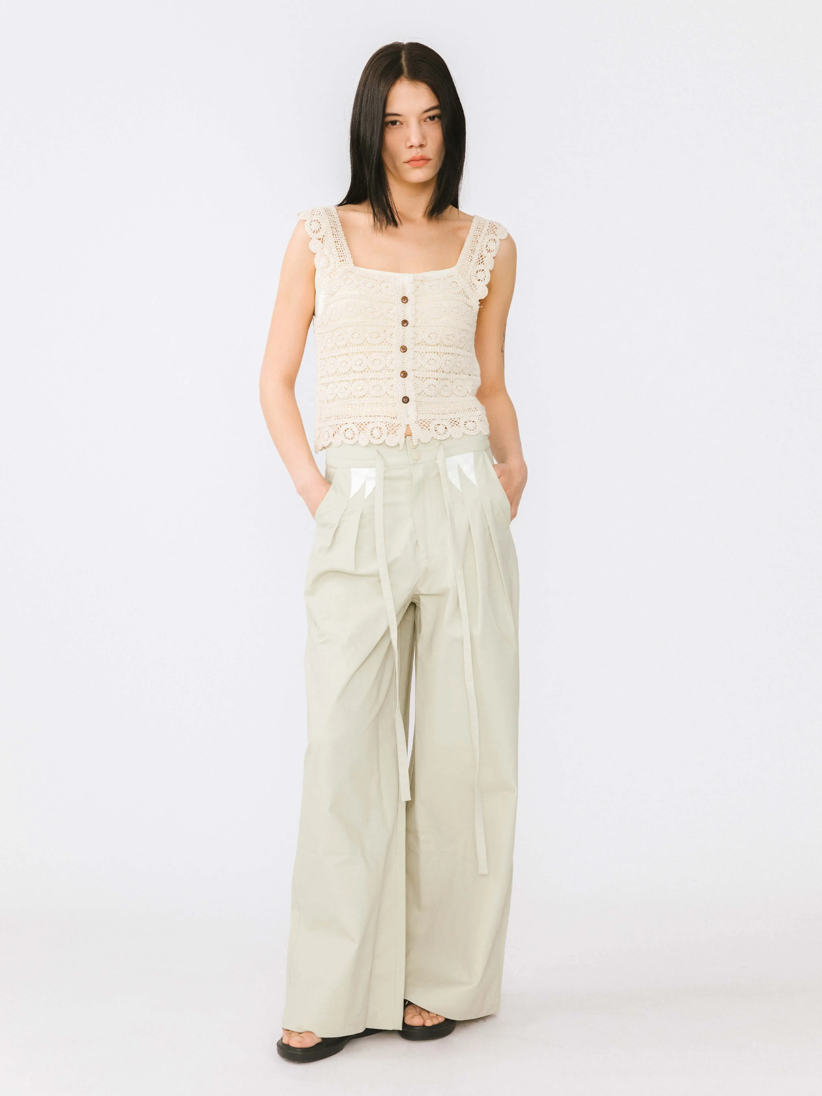 Drawstring Pleated Pure Cotton Wide Leg Trousers