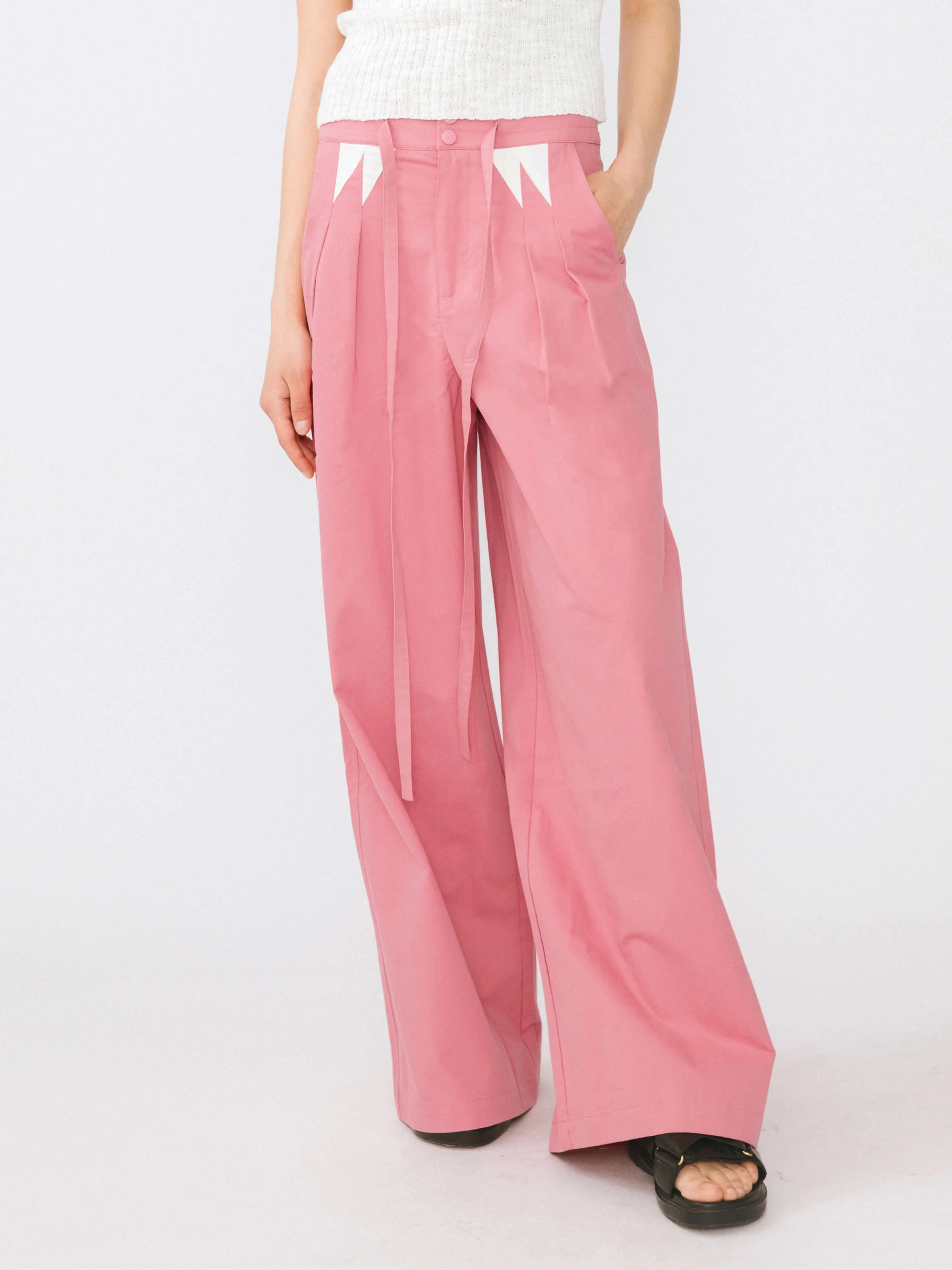 Drawstring Pleated Pure Cotton Wide Leg Trousers