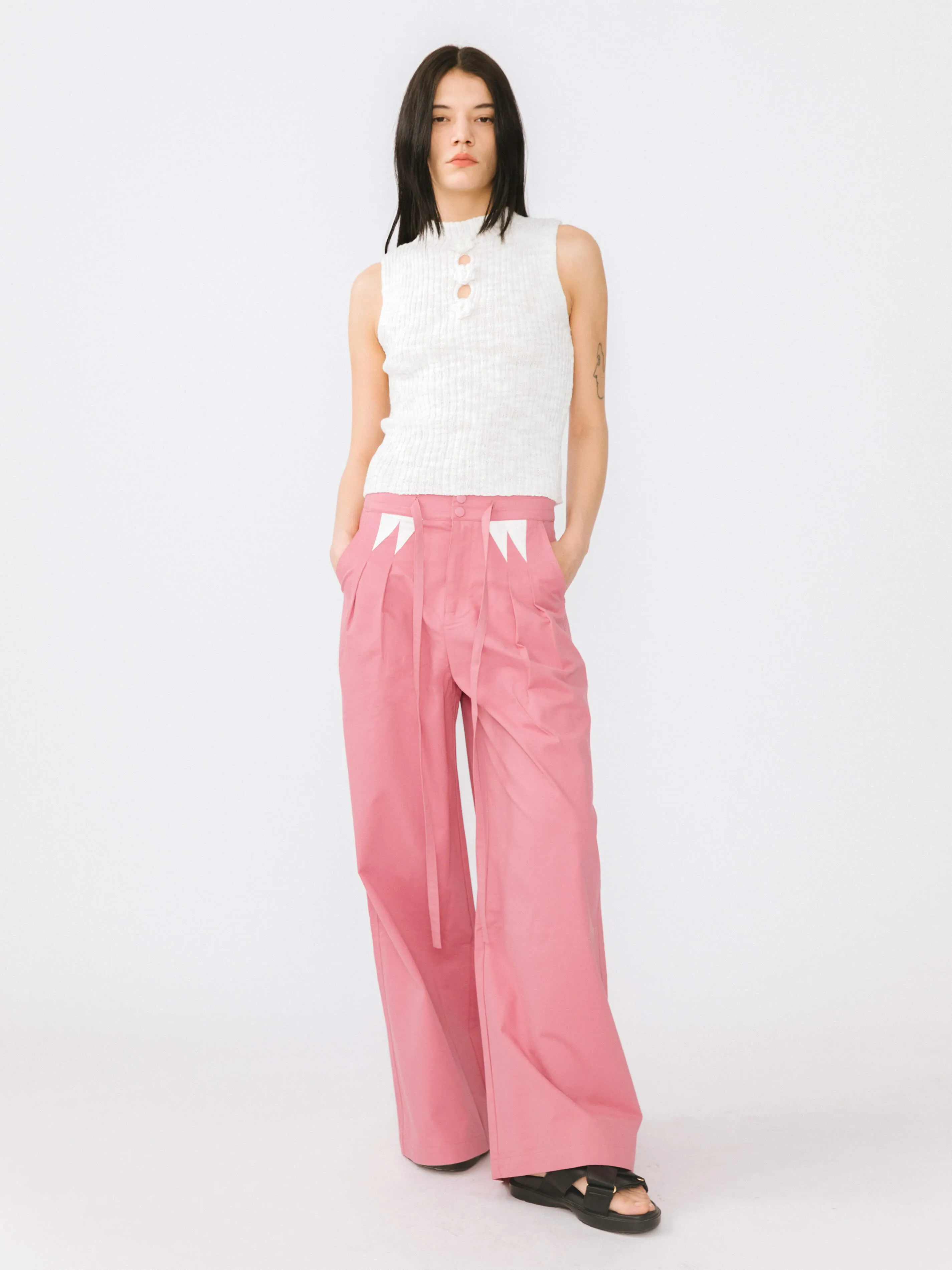 Drawstring Pleated Pure Cotton Wide Leg Trousers