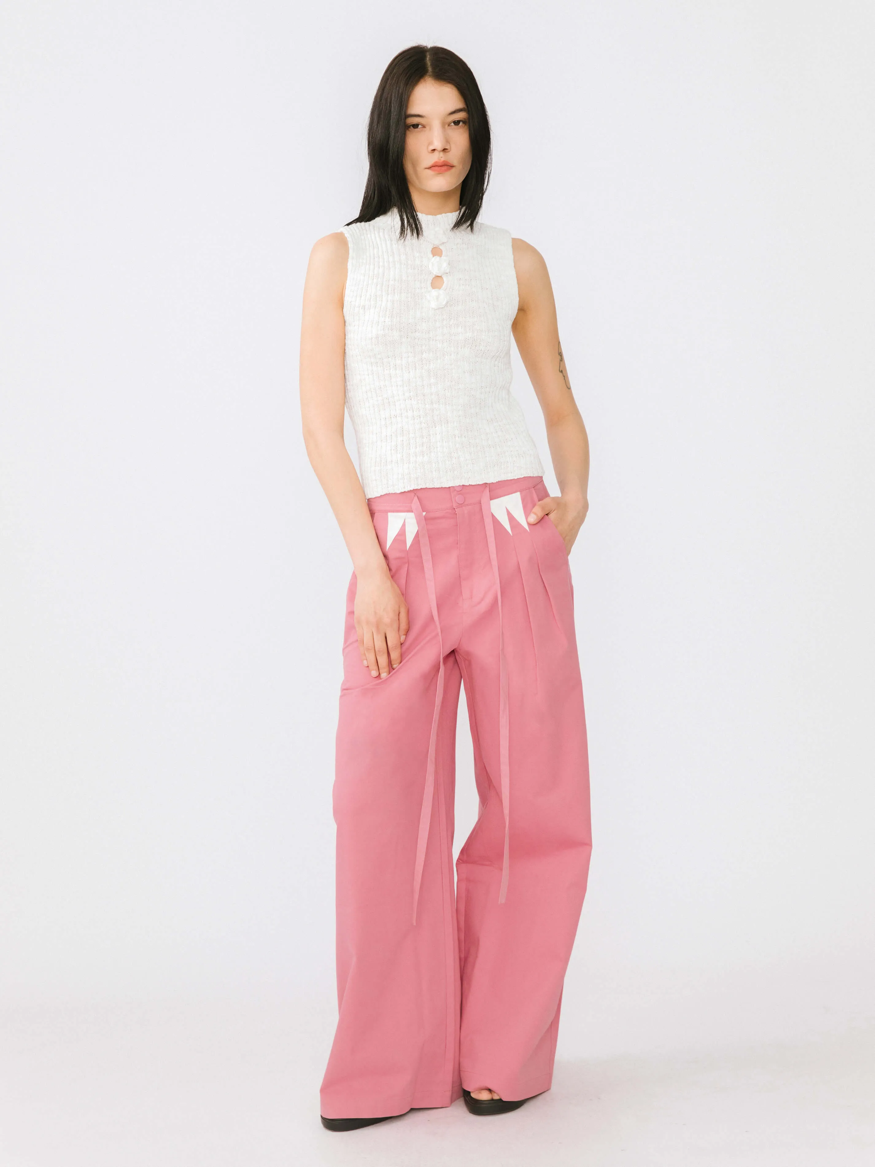 Drawstring Pleated Pure Cotton Wide Leg Trousers