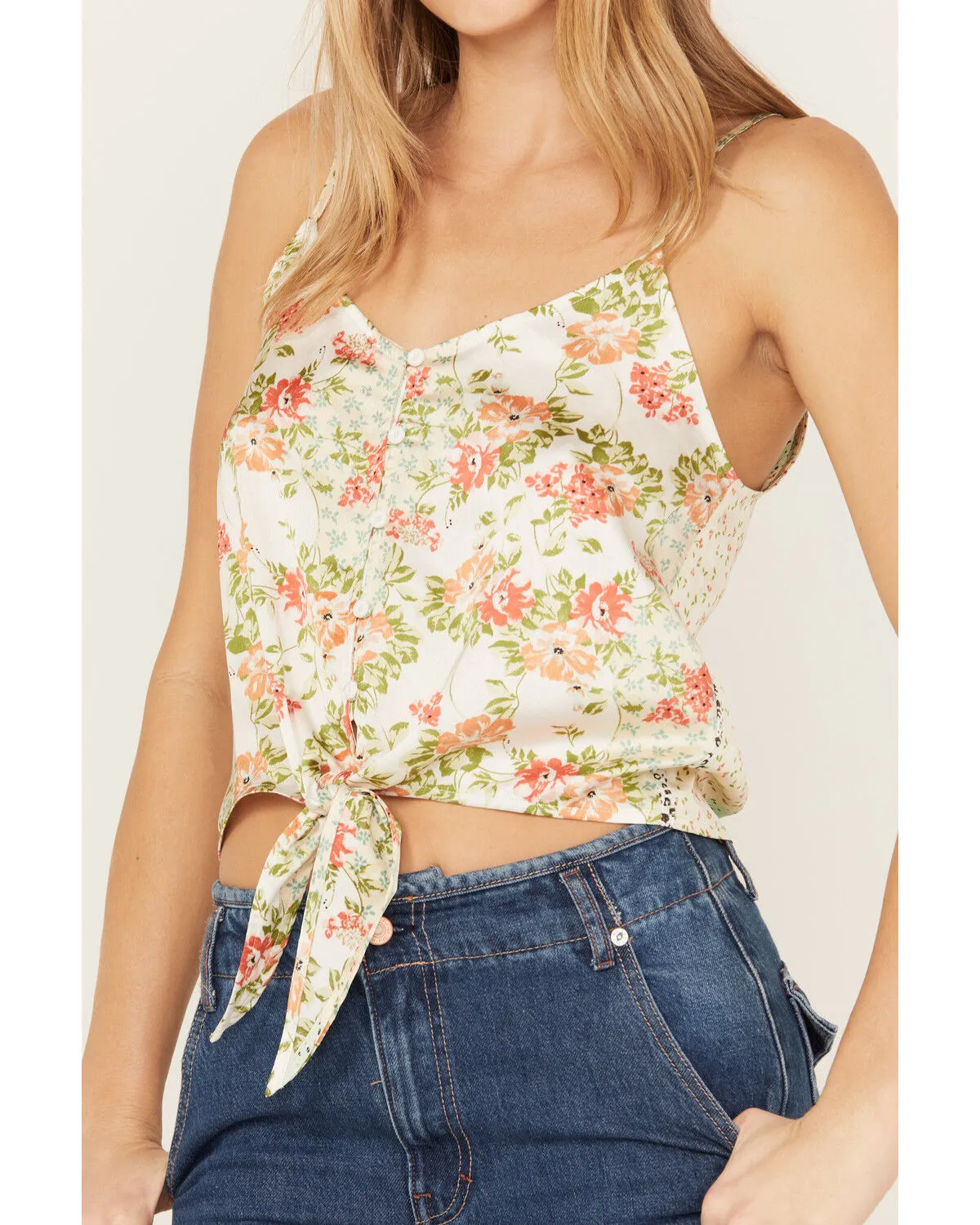 En Creme Women's Floral Print Tie Front Sleeveless Top