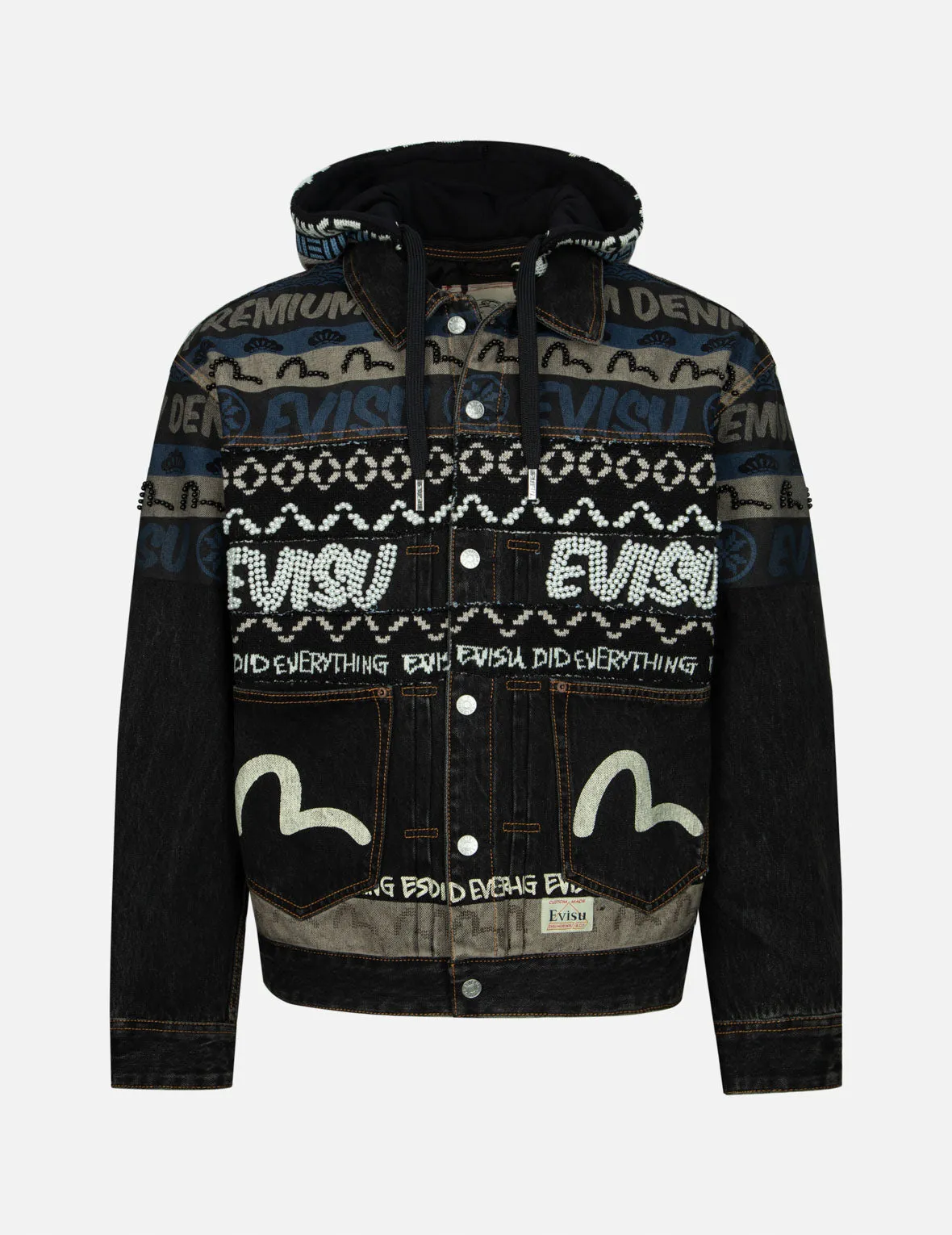 Fair Isle Pattern with Peral Stud Knitted Panel Loose Fit Hooded Denim Jacket