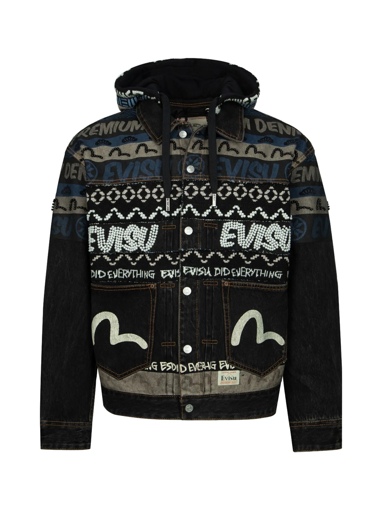 Fair Isle Pattern with Peral Stud Knitted Panel Loose Fit Hooded Denim Jacket