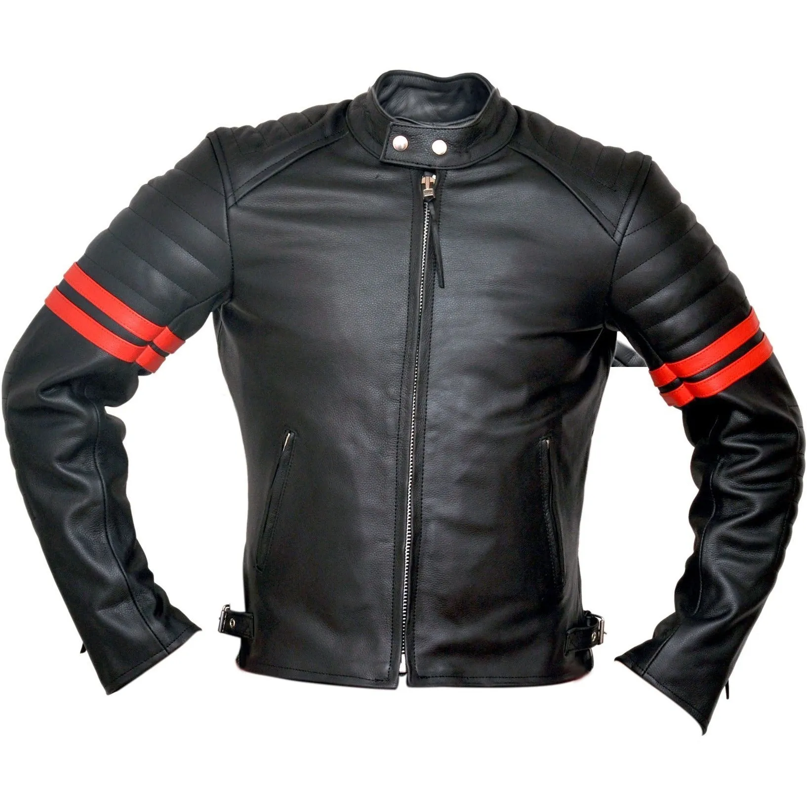 Fight Club 2 Red Striped Cafe Racer Style Retro Leather Jacket