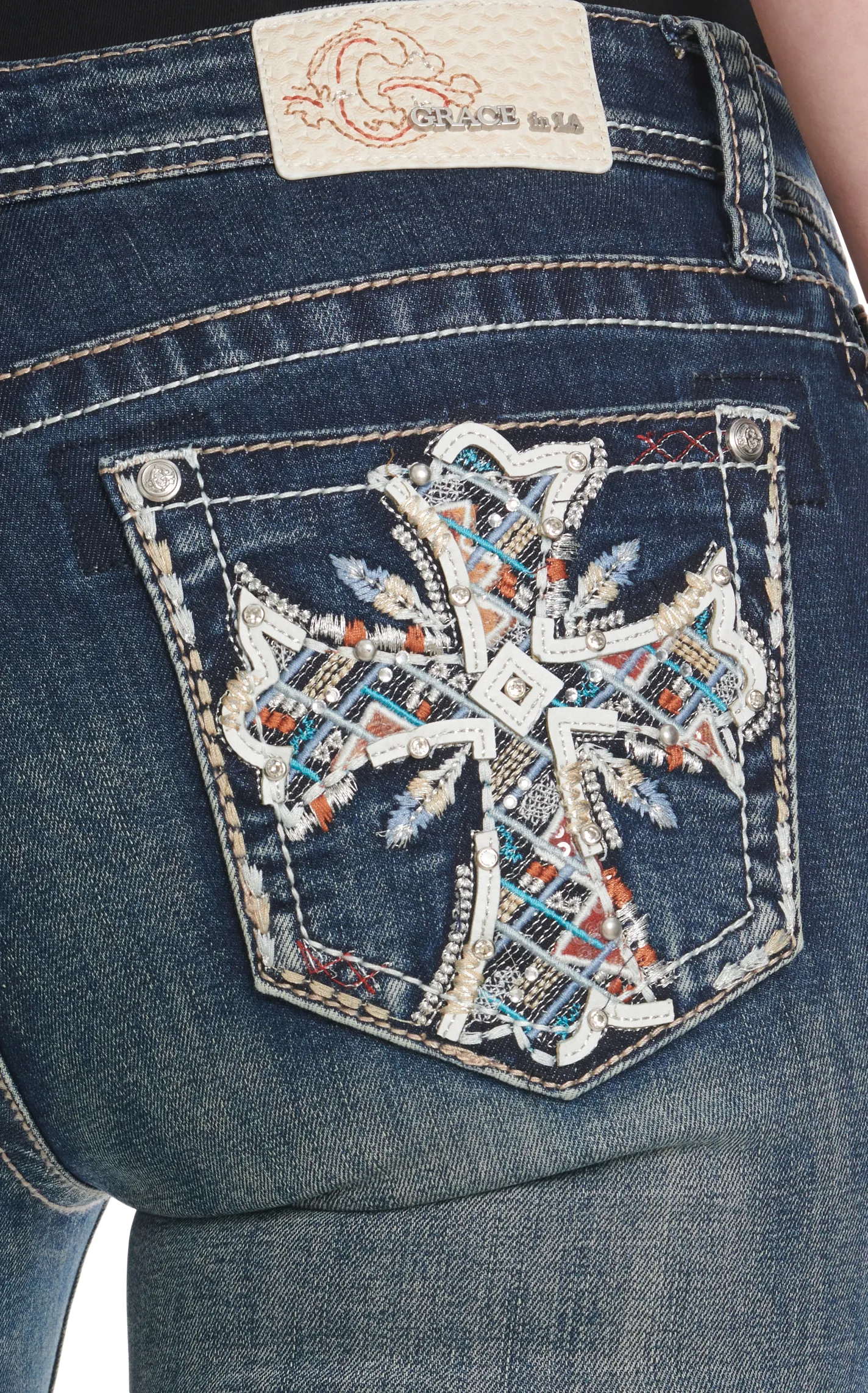 Grace in LA Women's Medium Wash Colorful Aztec Stained-Glass Cross Embroidery Bling Jeans