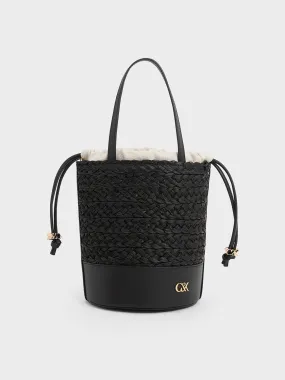 Leather & Raffia Bucket Bag - Black