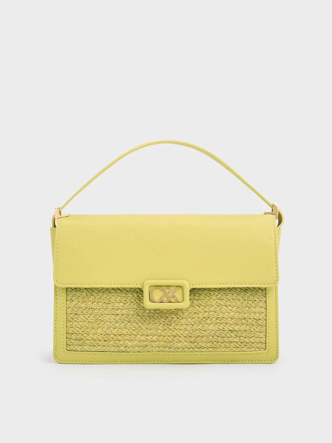 Leather & Raffia Shoulder Bag - Lime