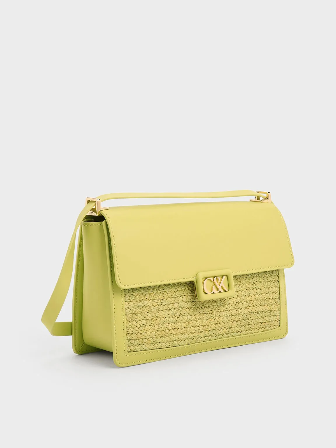 Leather & Raffia Shoulder Bag - Lime