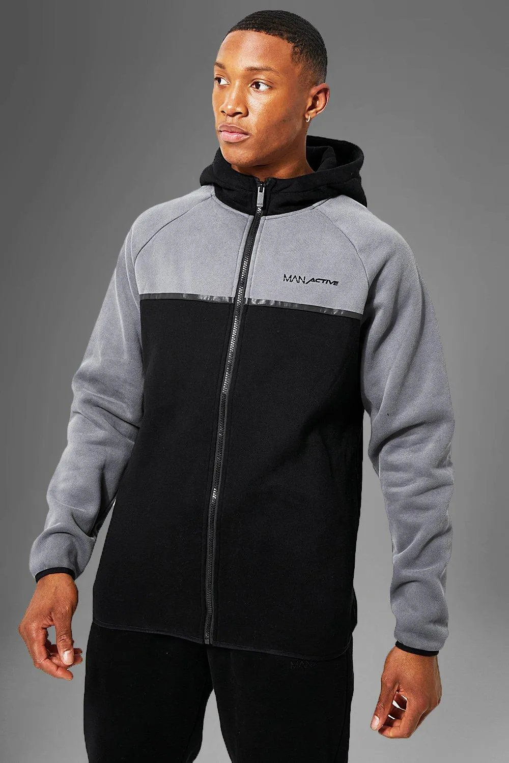 Man Active Zip Through Colour Block Hoodie | boohooMAN UK