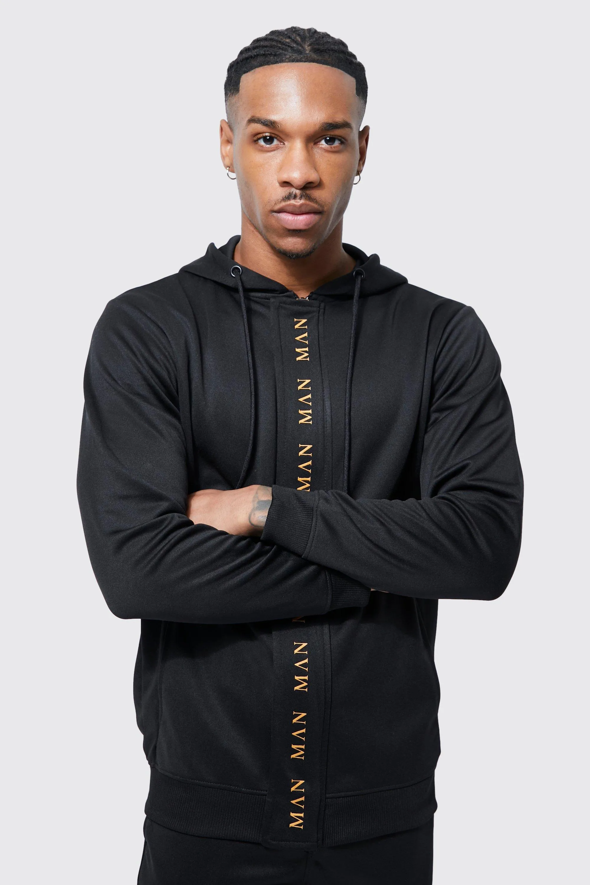 Man Gold Slim Fit Zip Through Tricot Hoodie | boohooMAN UK