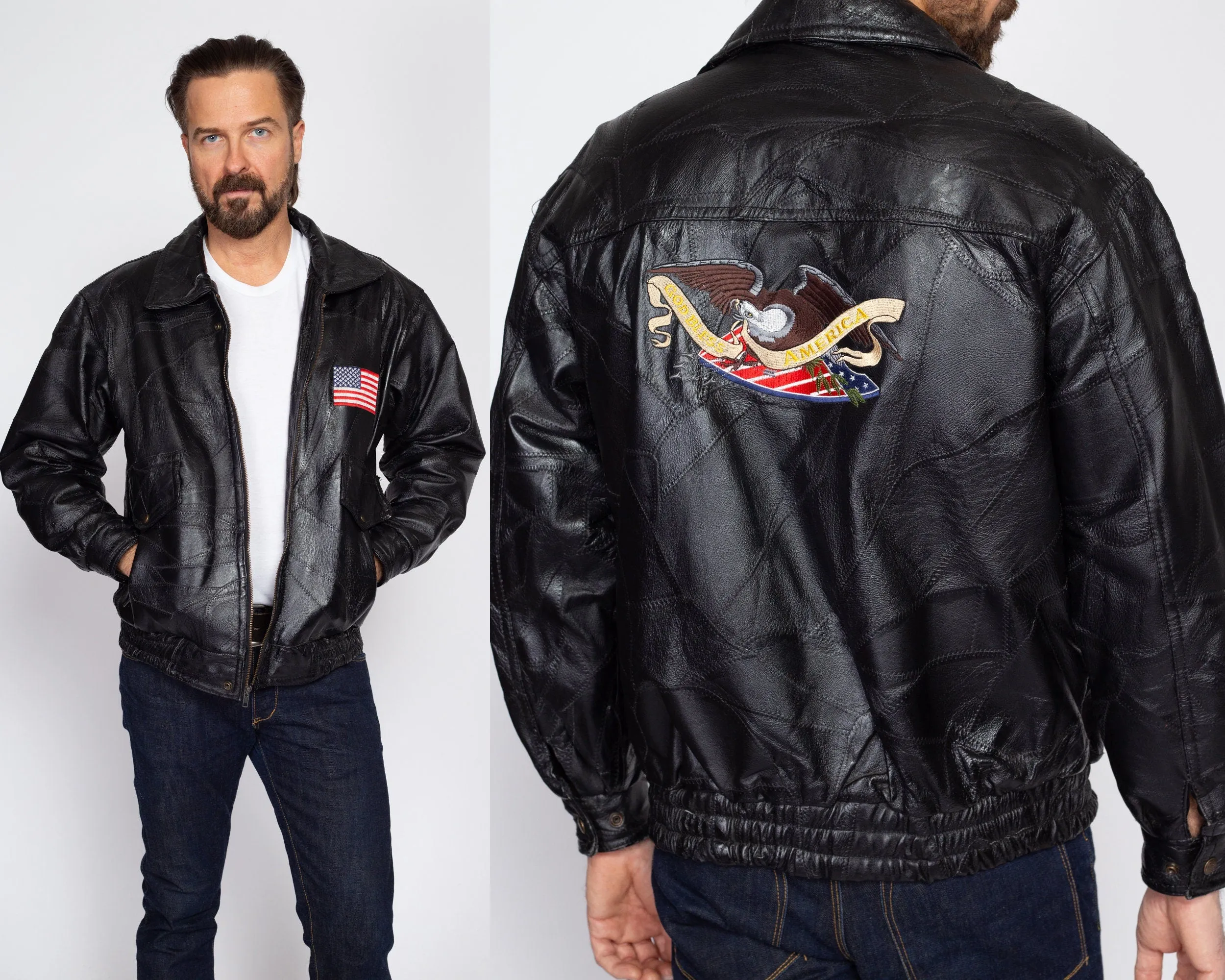 Medium 90s Black Patchwork Leather American Flag Moto Jacket