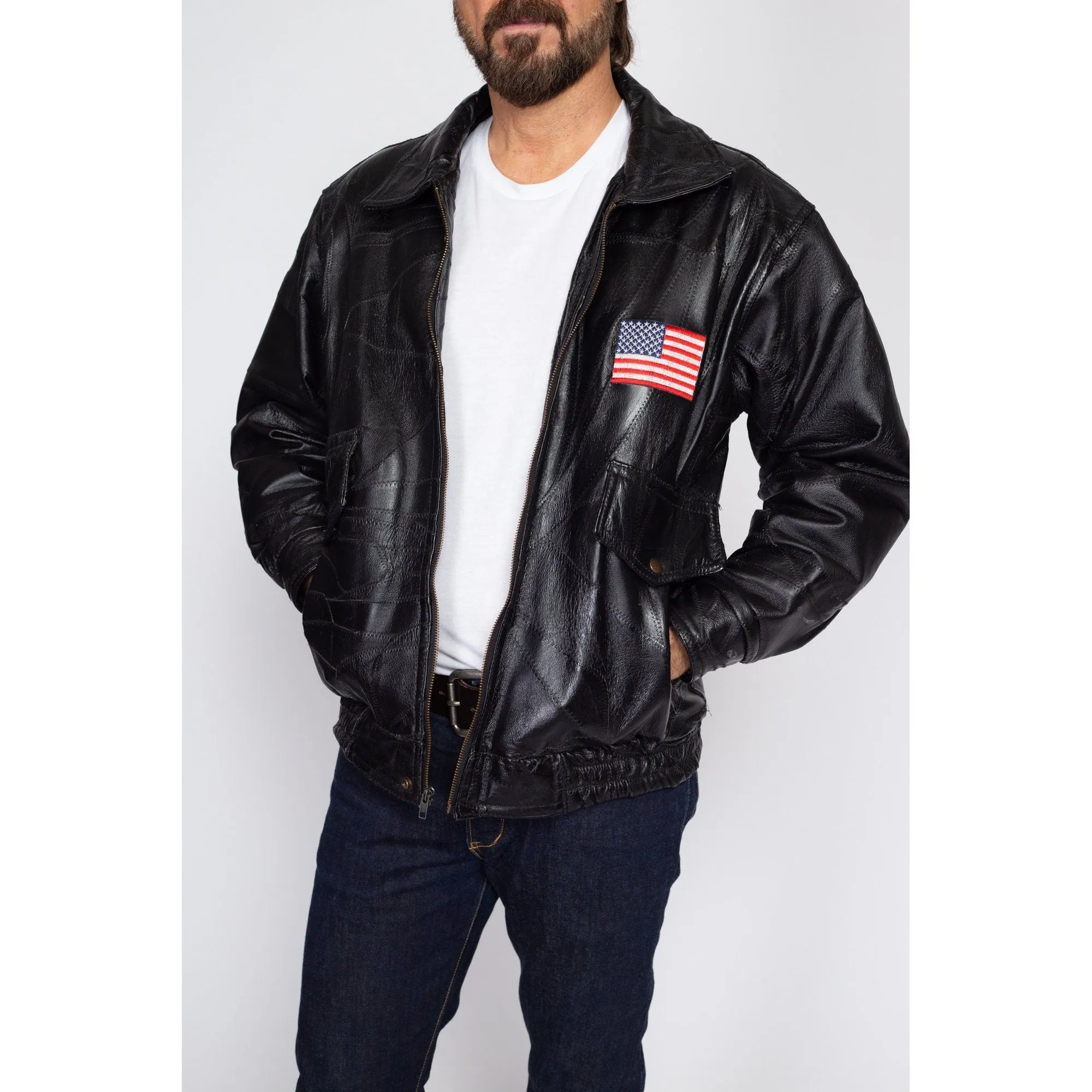 Medium 90s Black Patchwork Leather American Flag Moto Jacket