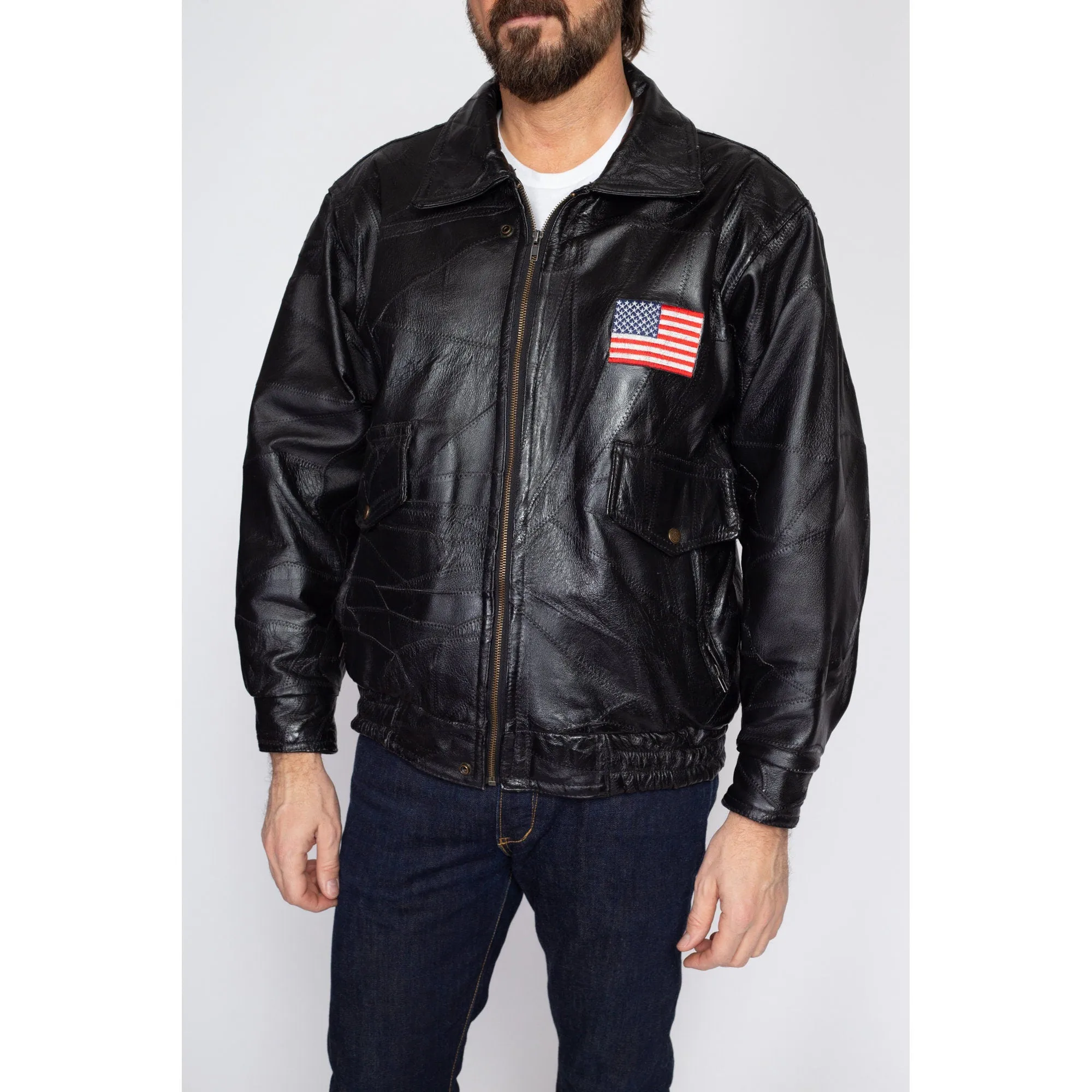 Medium 90s Black Patchwork Leather American Flag Moto Jacket