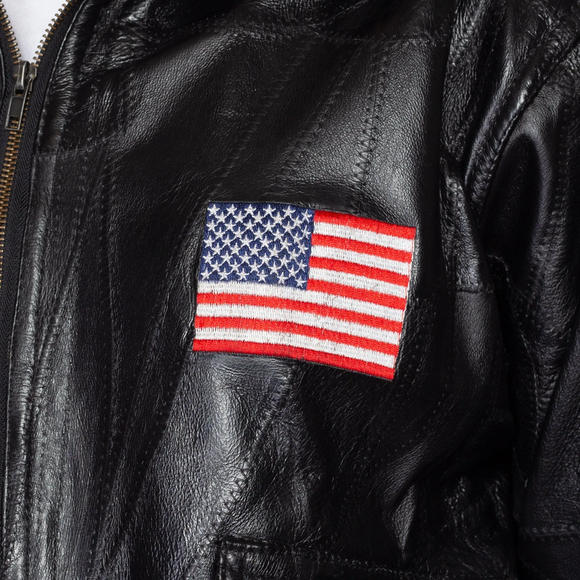 Medium 90s Black Patchwork Leather American Flag Moto Jacket