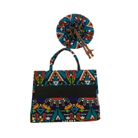 Medium Teal Multicolored African Print Handbag with Assorted Handfan- MBF-4