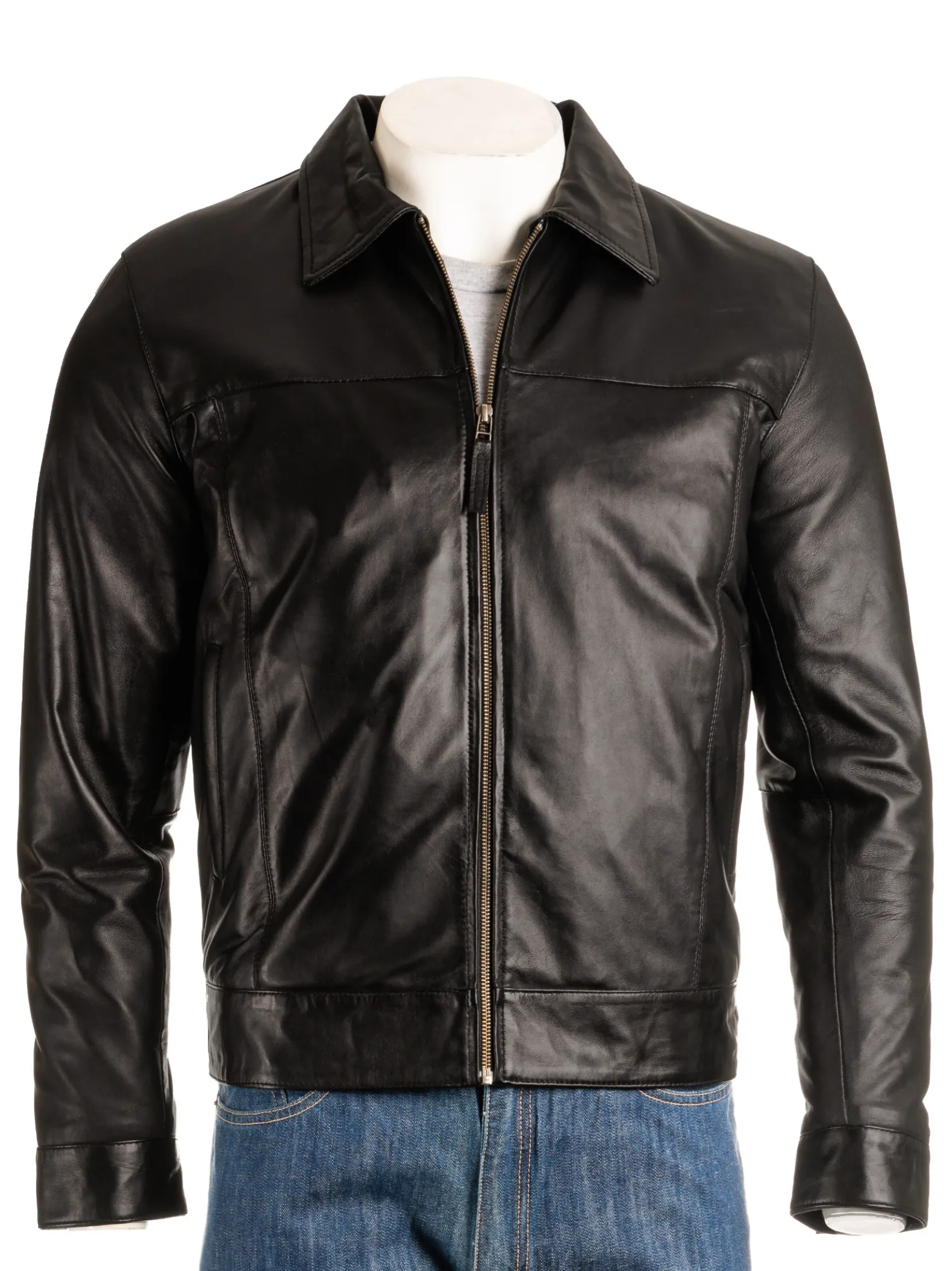 Men's Black Harrington Style Bomber Leather Jacket: Matias