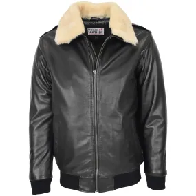 Mens Bomber Leather Jacket with Sheepskin Collar Viggo Black