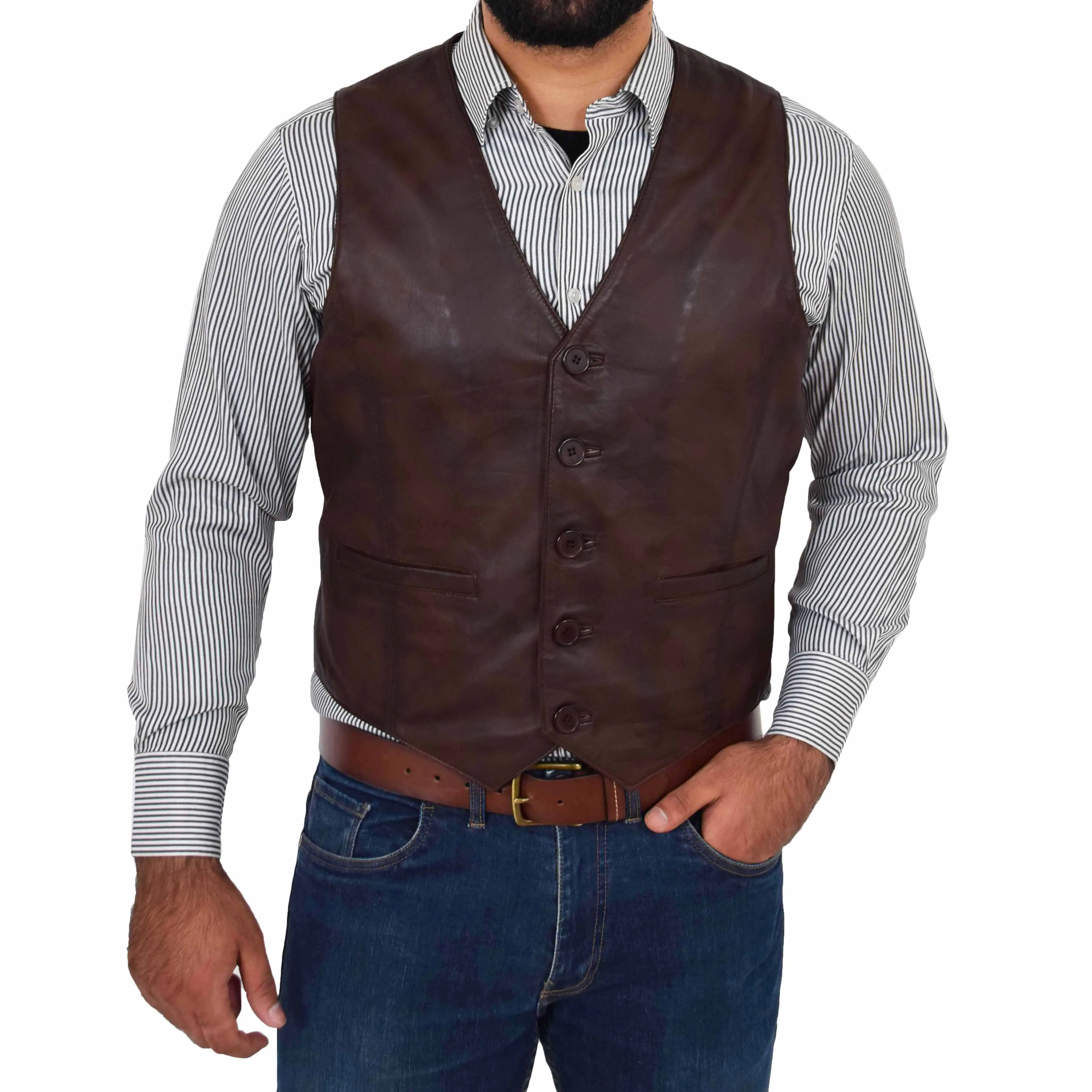 Mens Button Fastening Leather Waistcoat Nick Brown