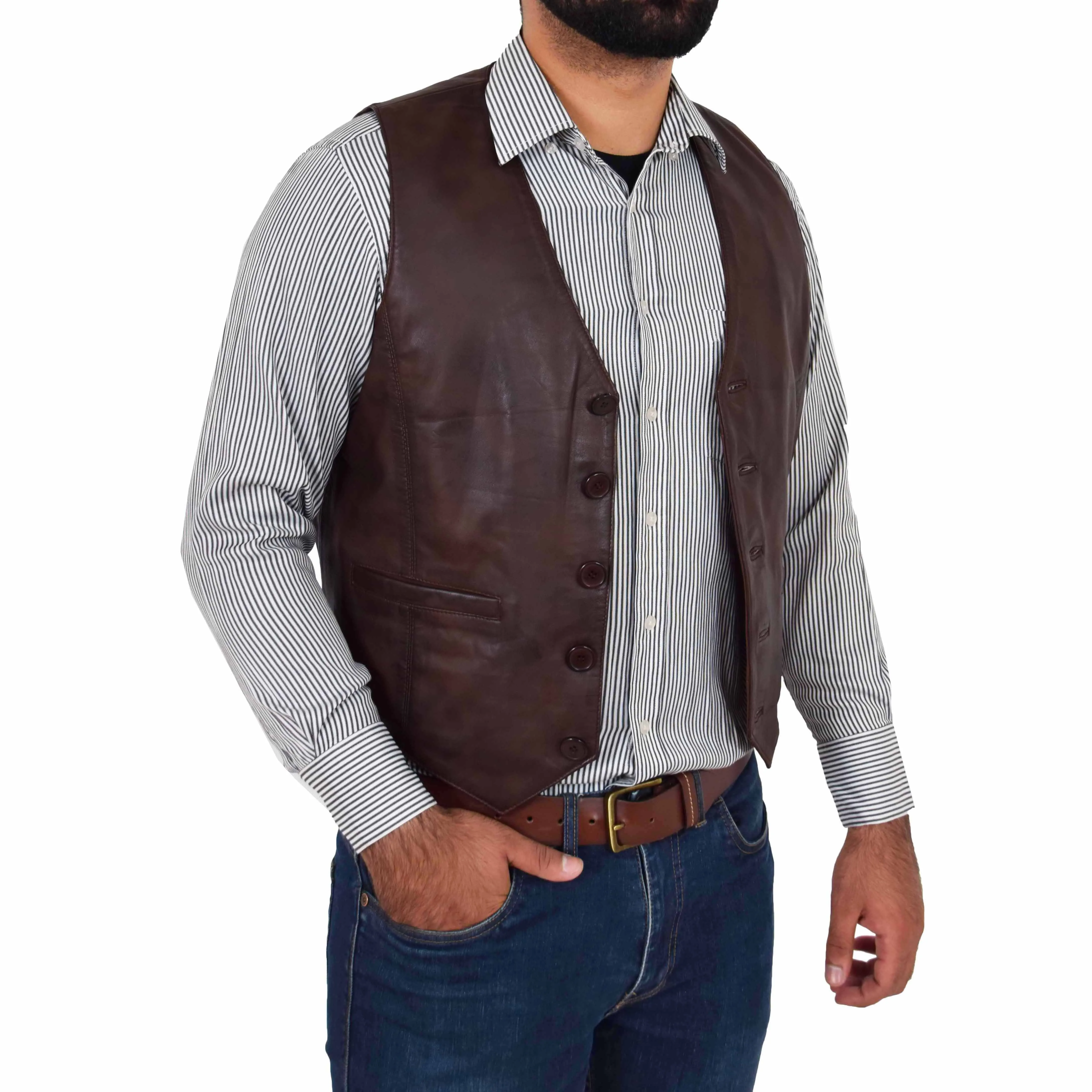 Mens Button Fastening Leather Waistcoat Nick Brown