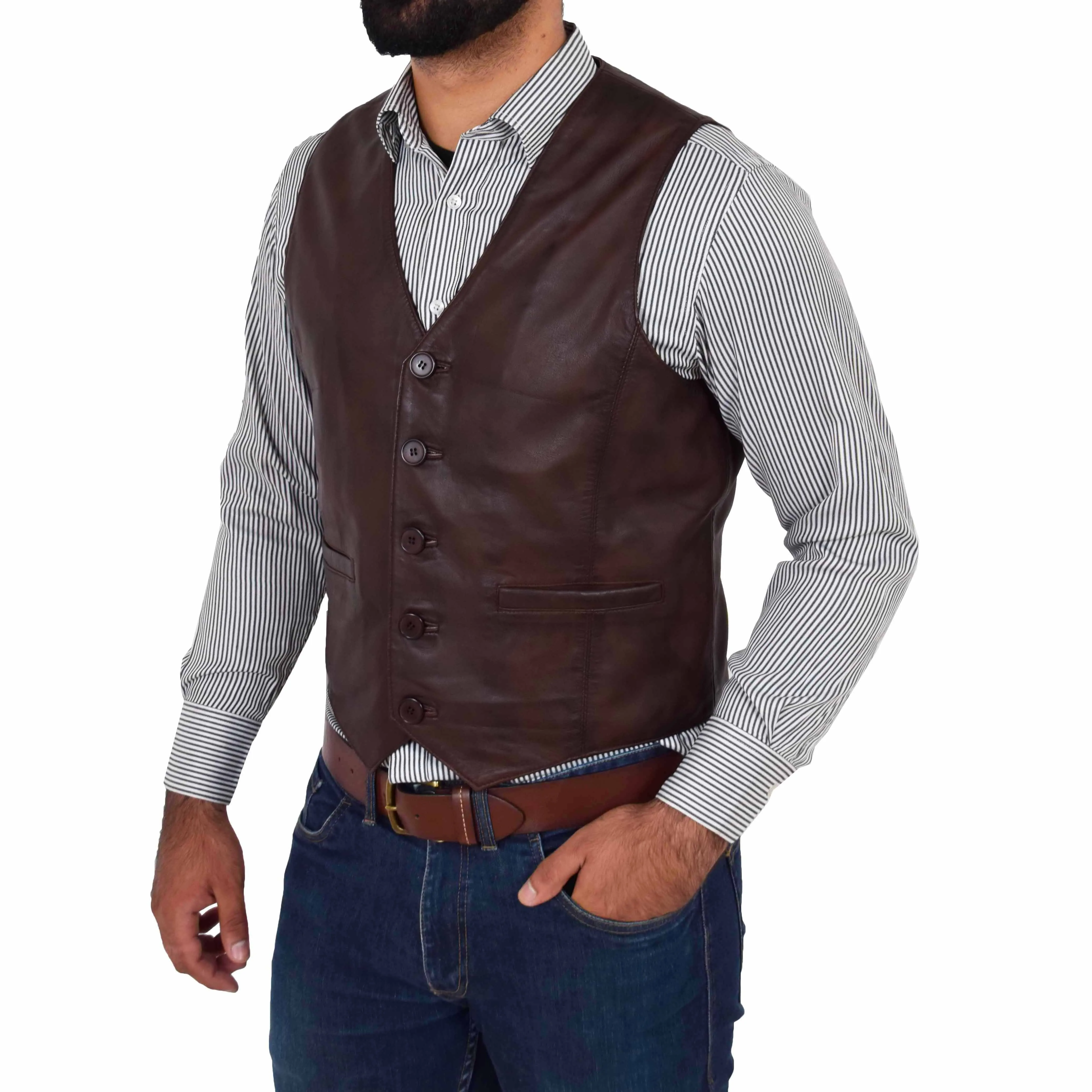 Mens Button Fastening Leather Waistcoat Nick Brown