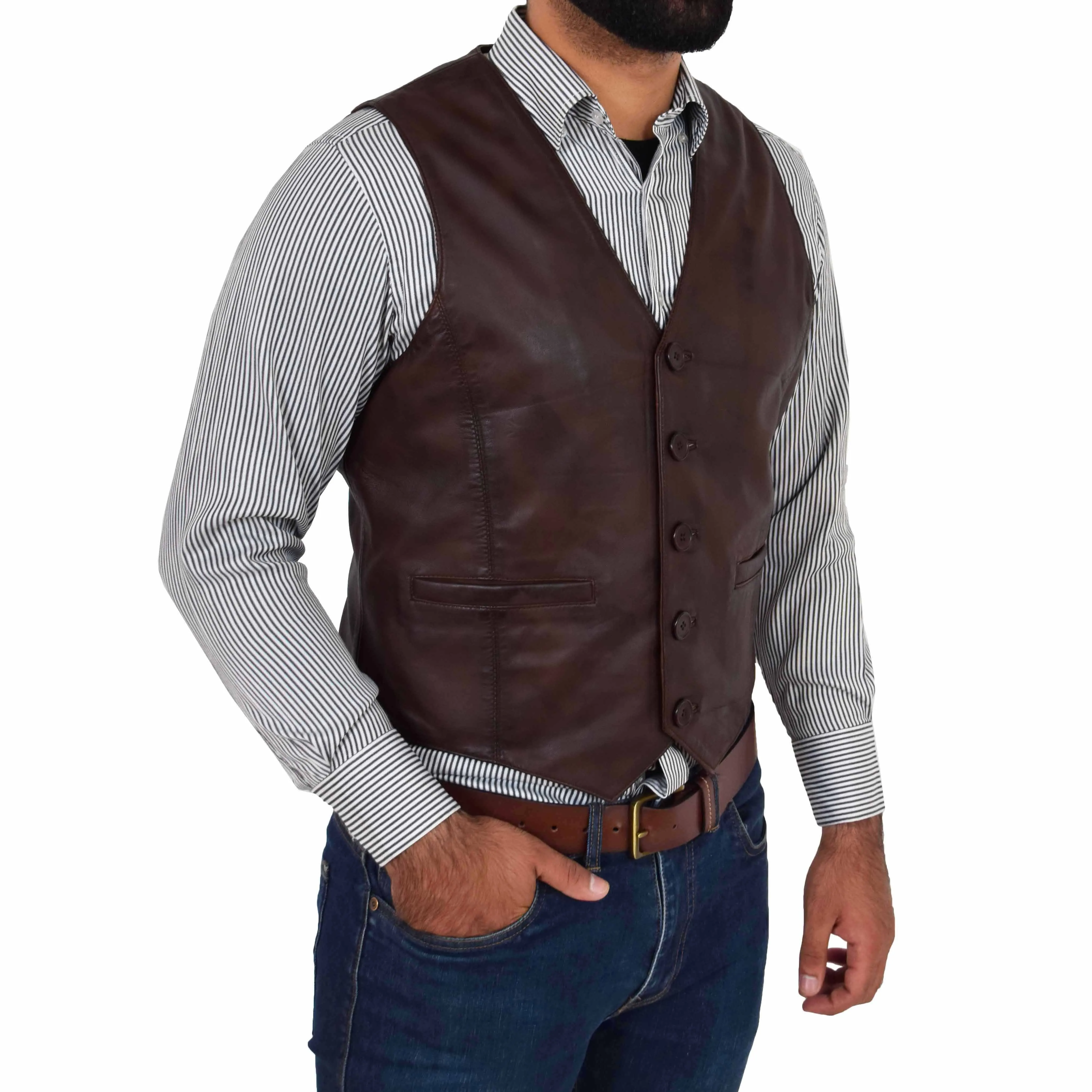 Mens Button Fastening Leather Waistcoat Nick Brown