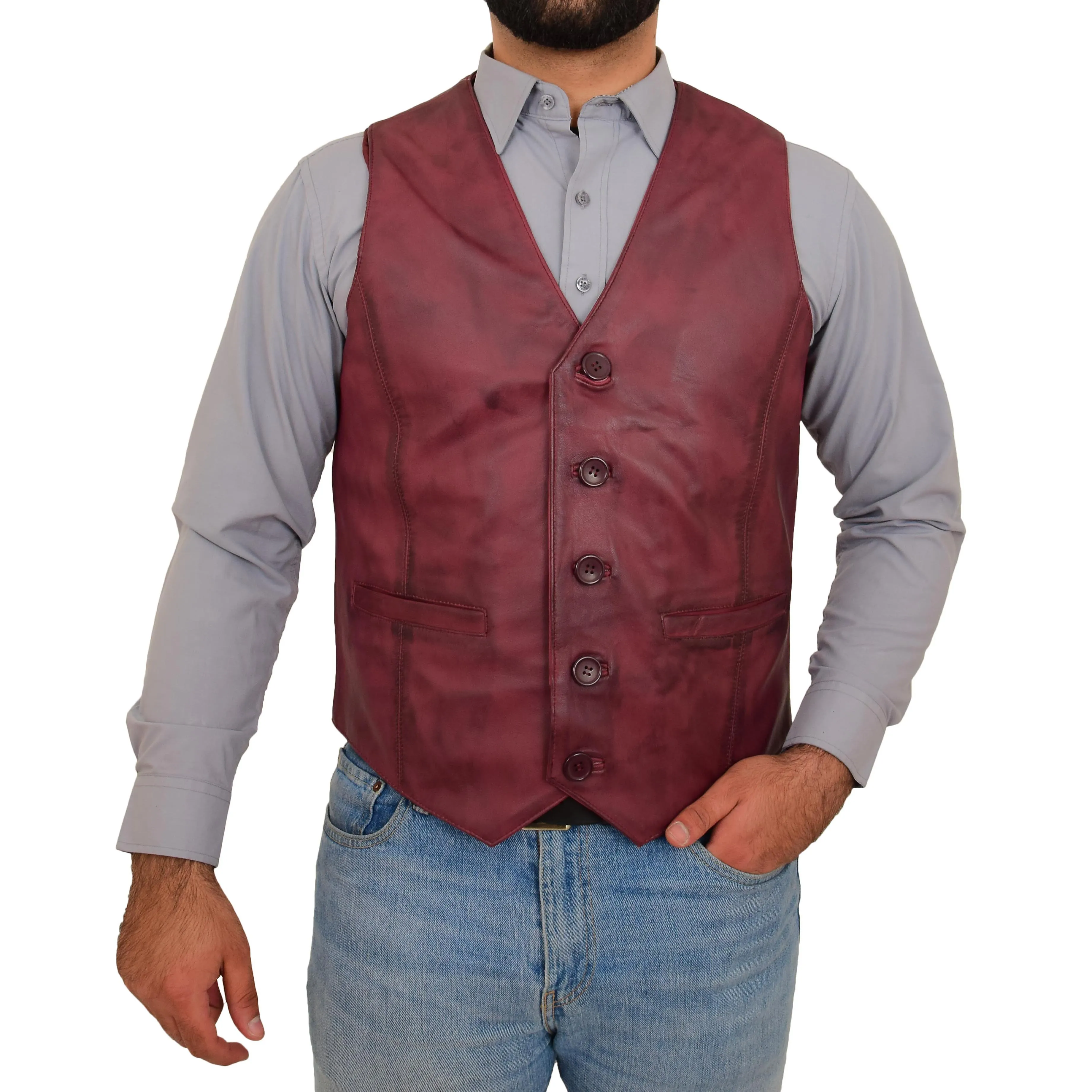 Mens Button Fastening Leather Waistcoat Nick Burgundy