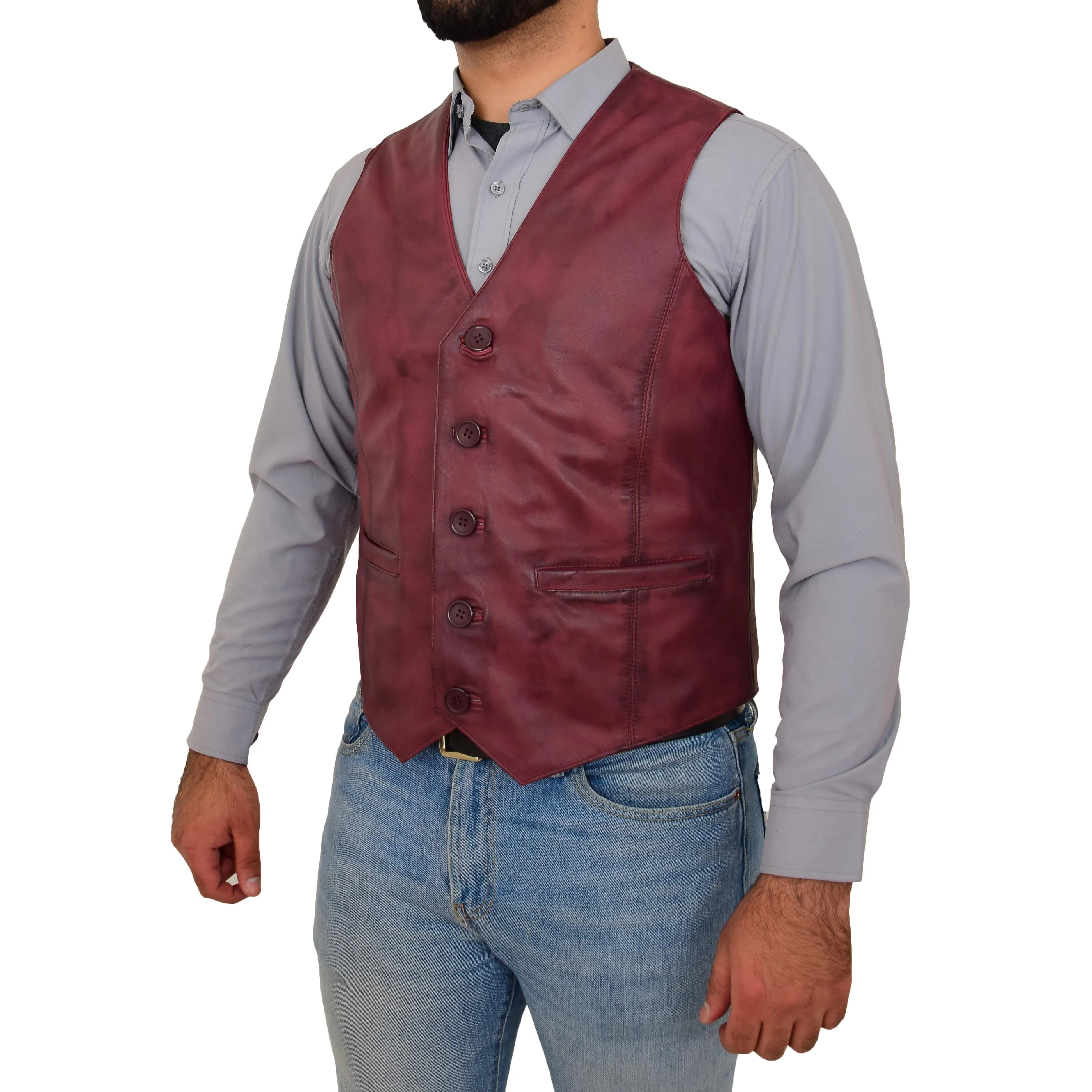 Mens Button Fastening Leather Waistcoat Nick Burgundy