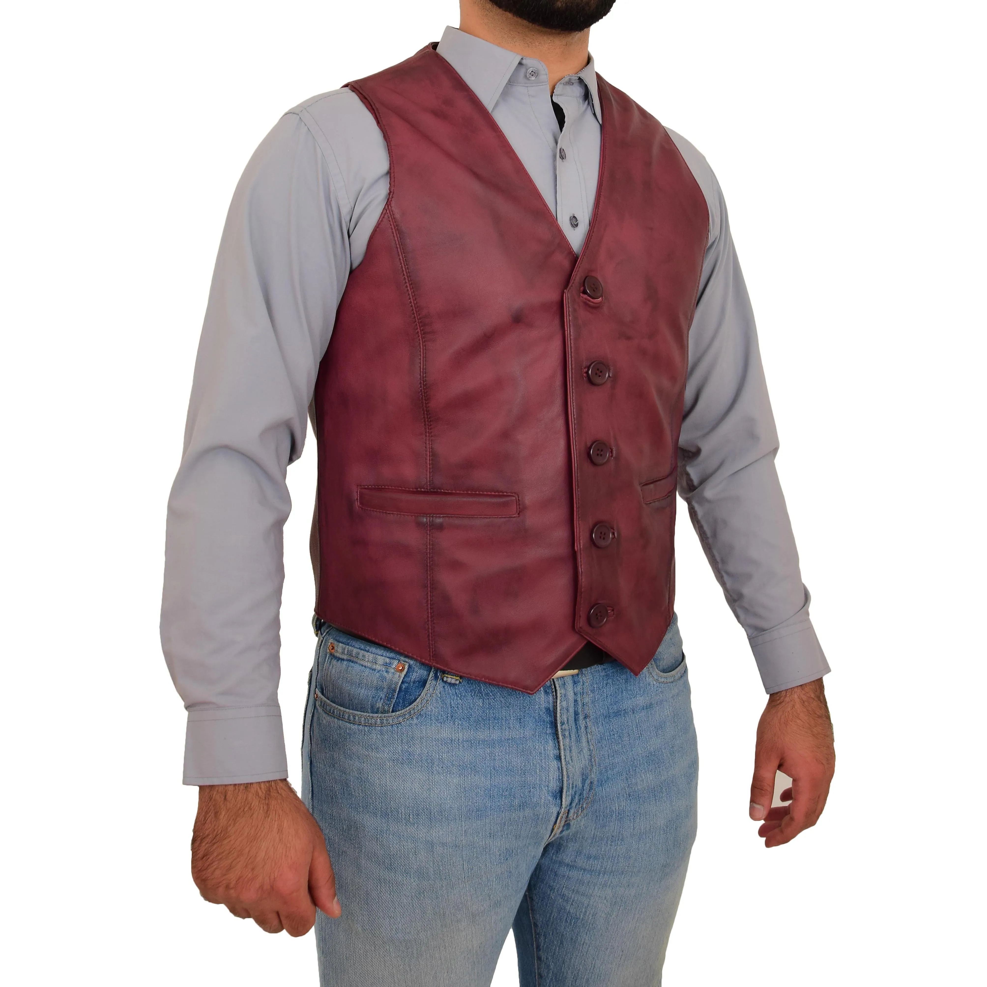 Mens Button Fastening Leather Waistcoat Nick Burgundy