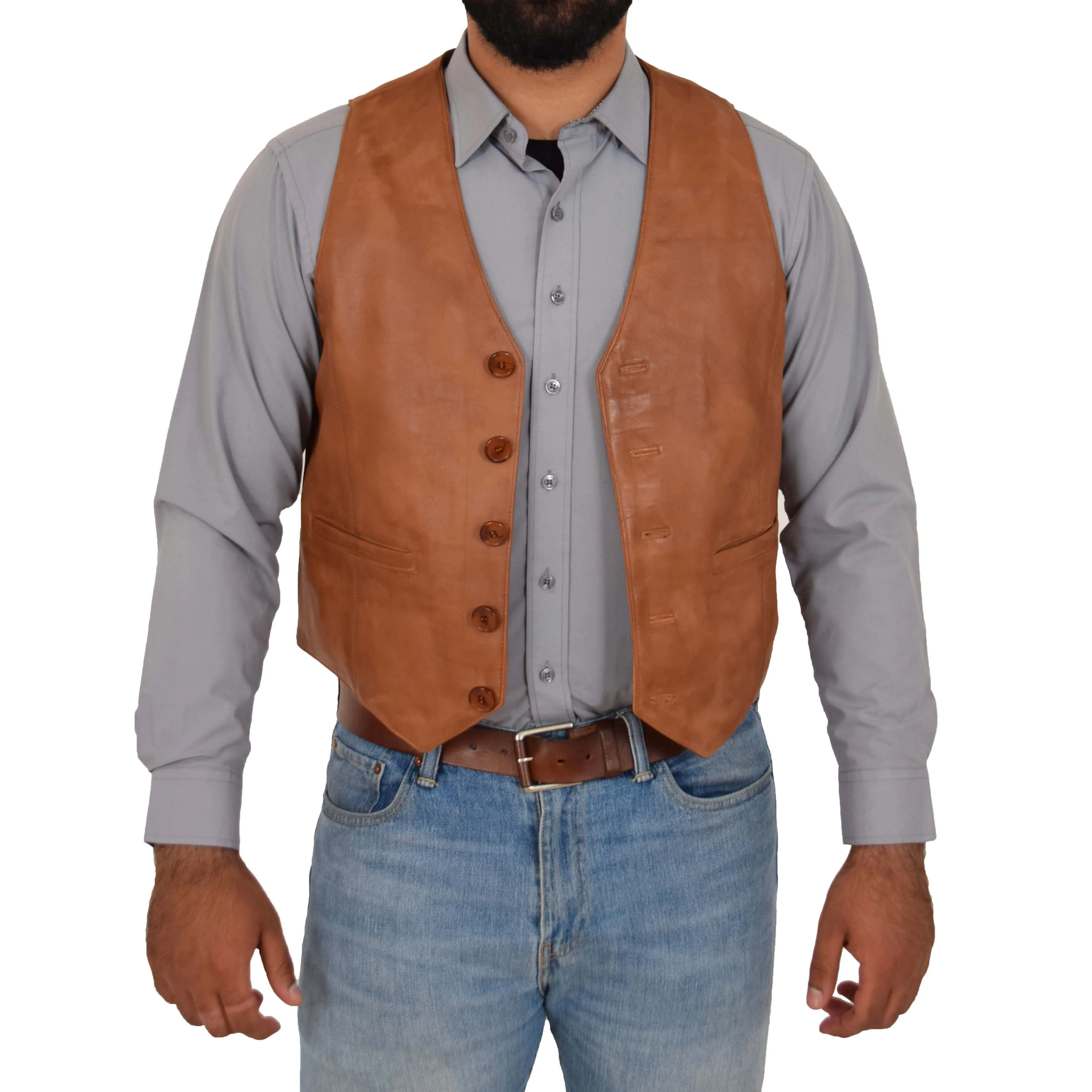 Mens Button Fastening Leather Waistcoat Nick Tan