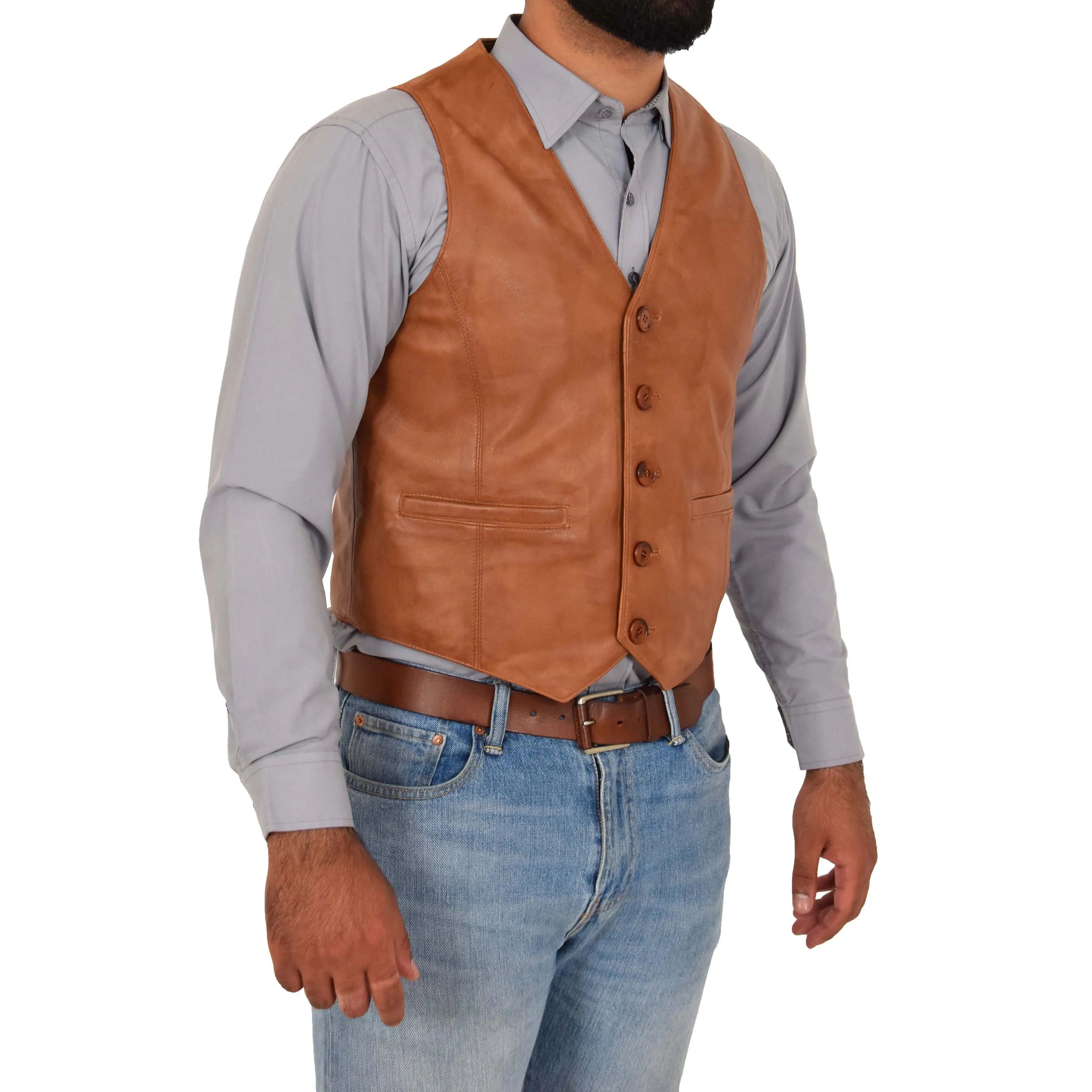 Mens Button Fastening Leather Waistcoat Nick Tan