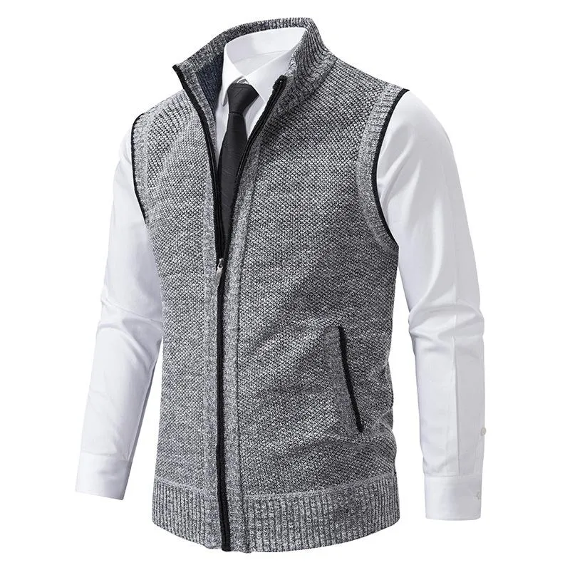 Men's Casual Solid Color Stand Collar Sleeveless Knitted Vest  19972434Y